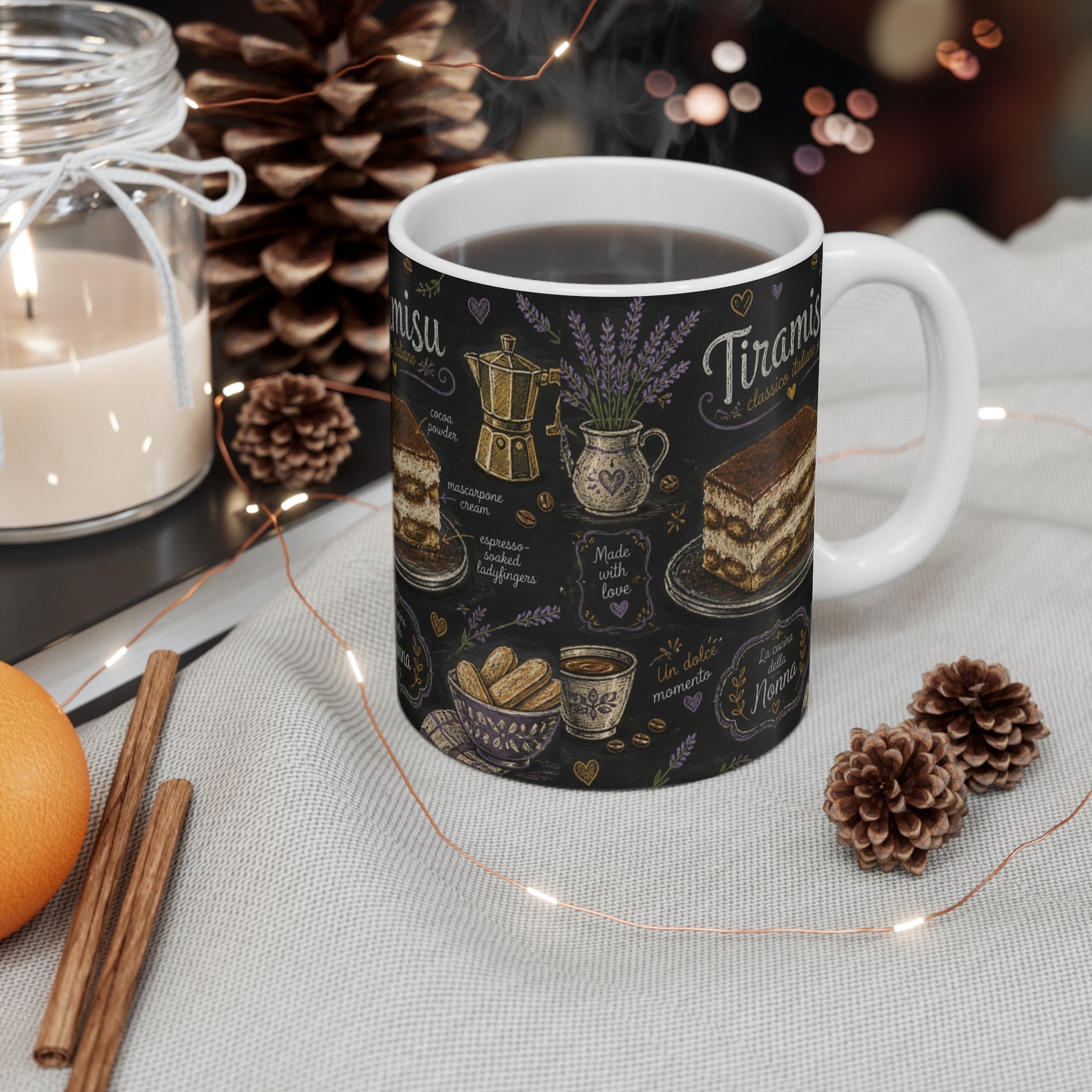 Tiramisu Layers 11oz Ceramic Mug Mediterranean Kitchen Chalk Art Design Italian Cottagecore Gift