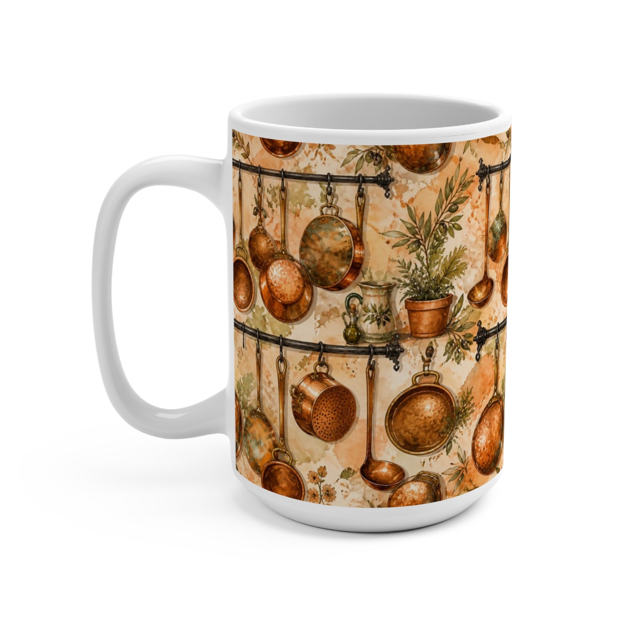 Copper Cookware 15oz Ceramic Mug Mediterranean Kitchen Watercolor Splash Design Italian Cottagecore Gift