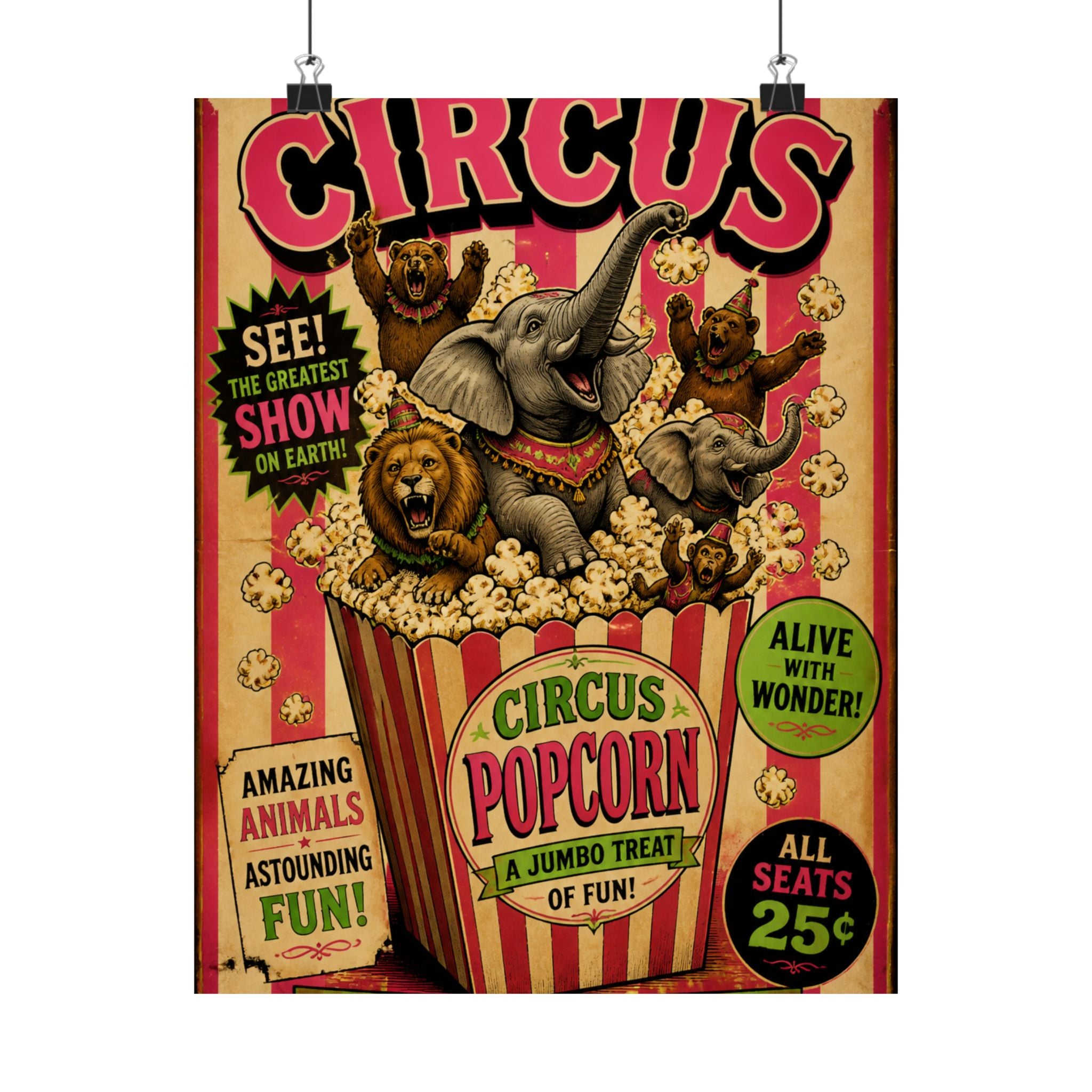 Popcorn Box Animals Wall Art Poster 18×24 Vintage Circus Kitchen Decor Maximalist Print