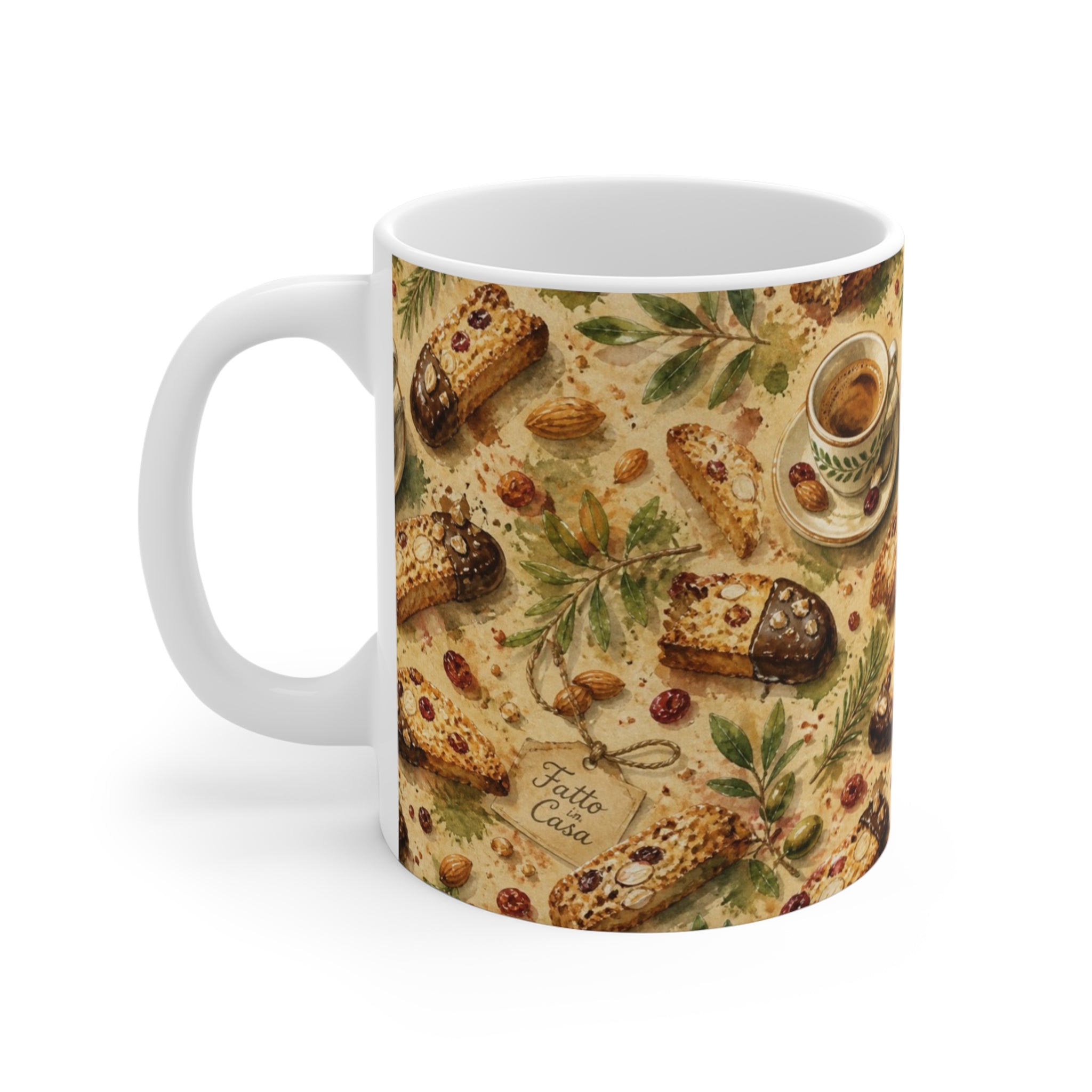 Almond Biscotti 11oz Ceramic Mug Mediterranean Kitchen Watercolor Splash Design Italian Cottagecore Gift