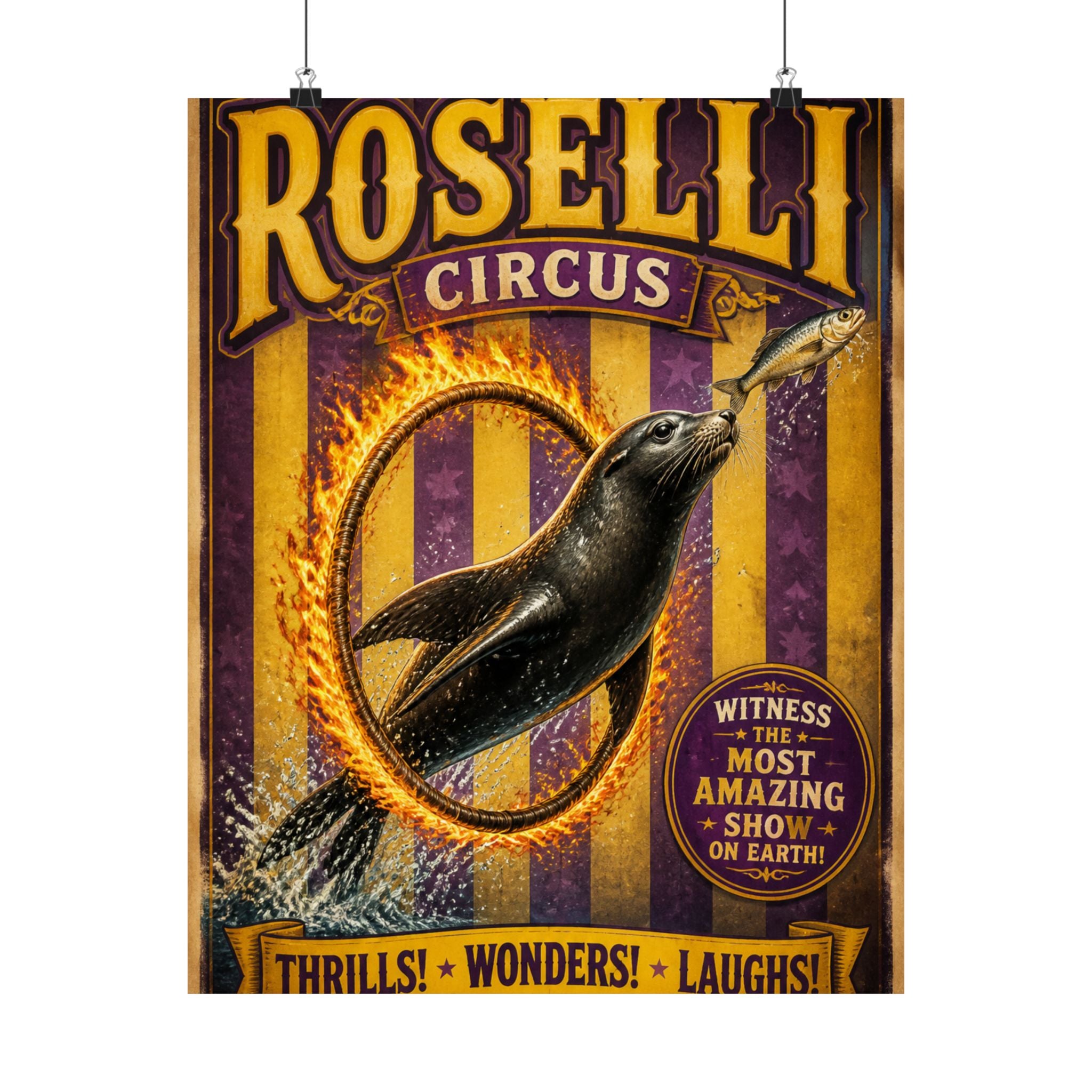 Seal Fire Hoop Wall Art Poster 18×24 Vintage Circus Kitchen Decor Maximalist Print