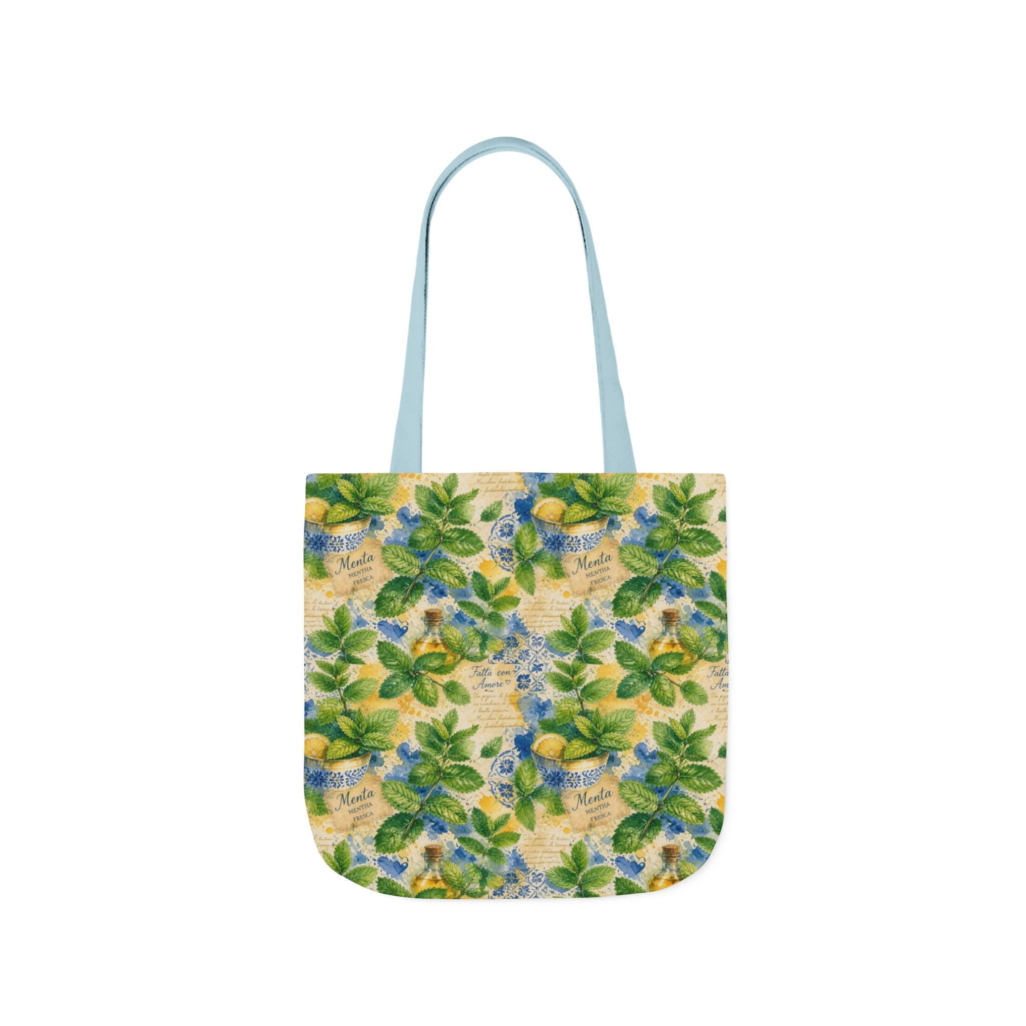 Fresh Mint Leaves Canvas Tote Bag Mediterranean Kitchen Watercolor Splash Design Italian Cottagecore Gift