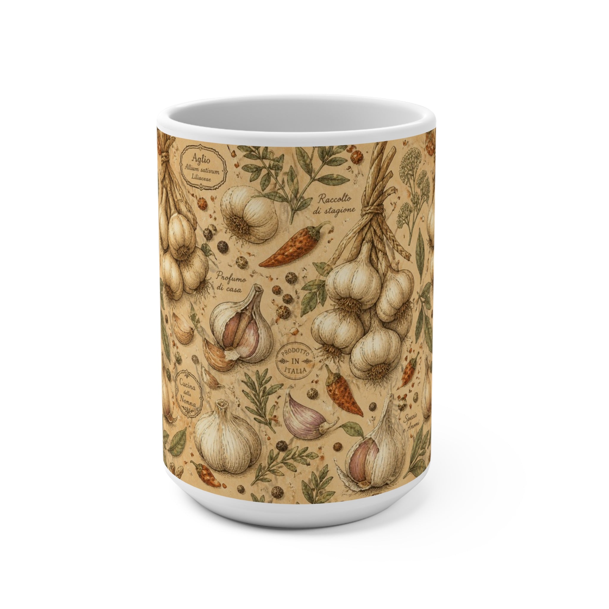 Garlic Bulbs & Cloves 15oz Ceramic Mug Mediterranean Kitchen Botanical Design Italian Cottagecore Gift