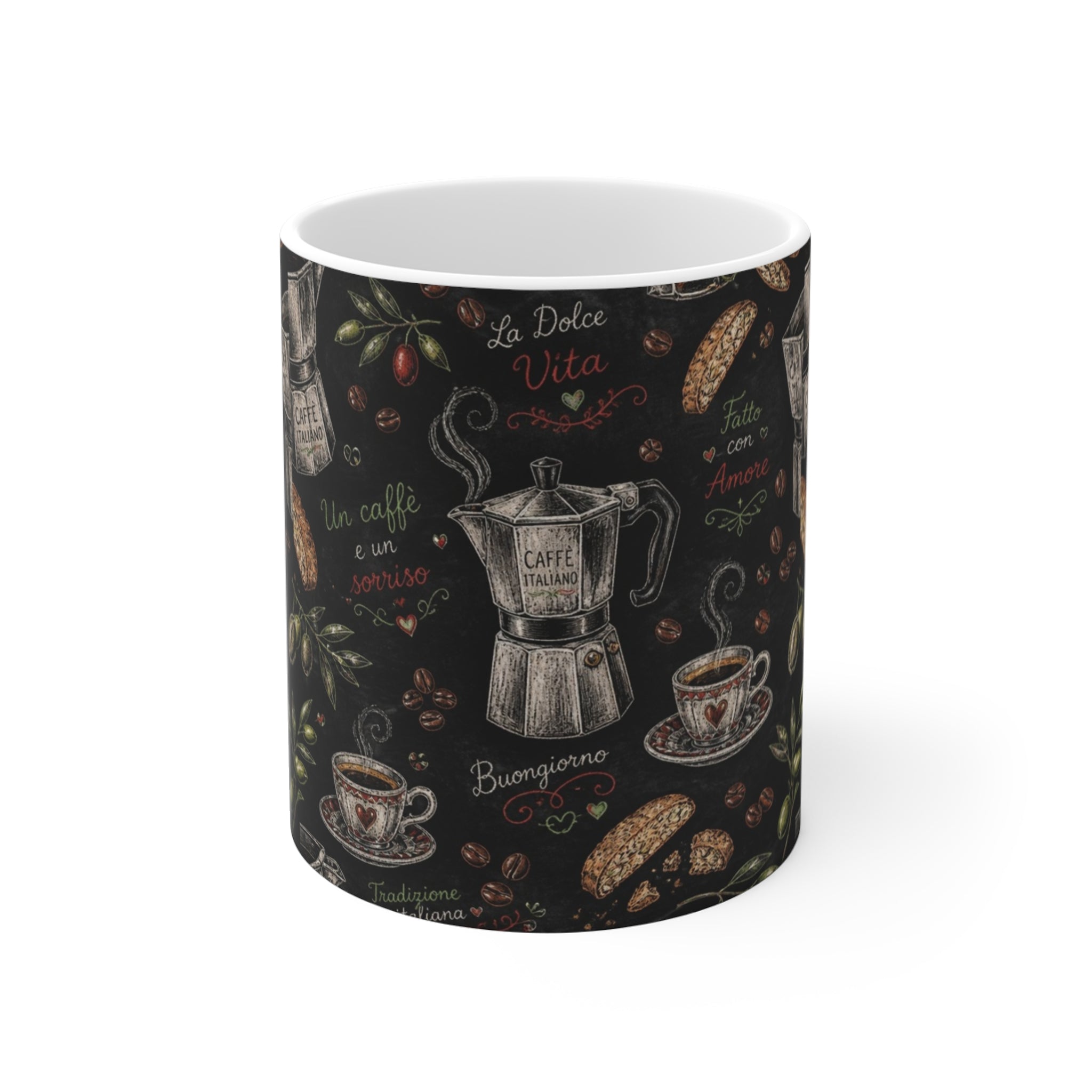 Espresso Moka Pot 11oz Ceramic Mug Mediterranean Kitchen Chalk Art Design Italian Cottagecore Gift