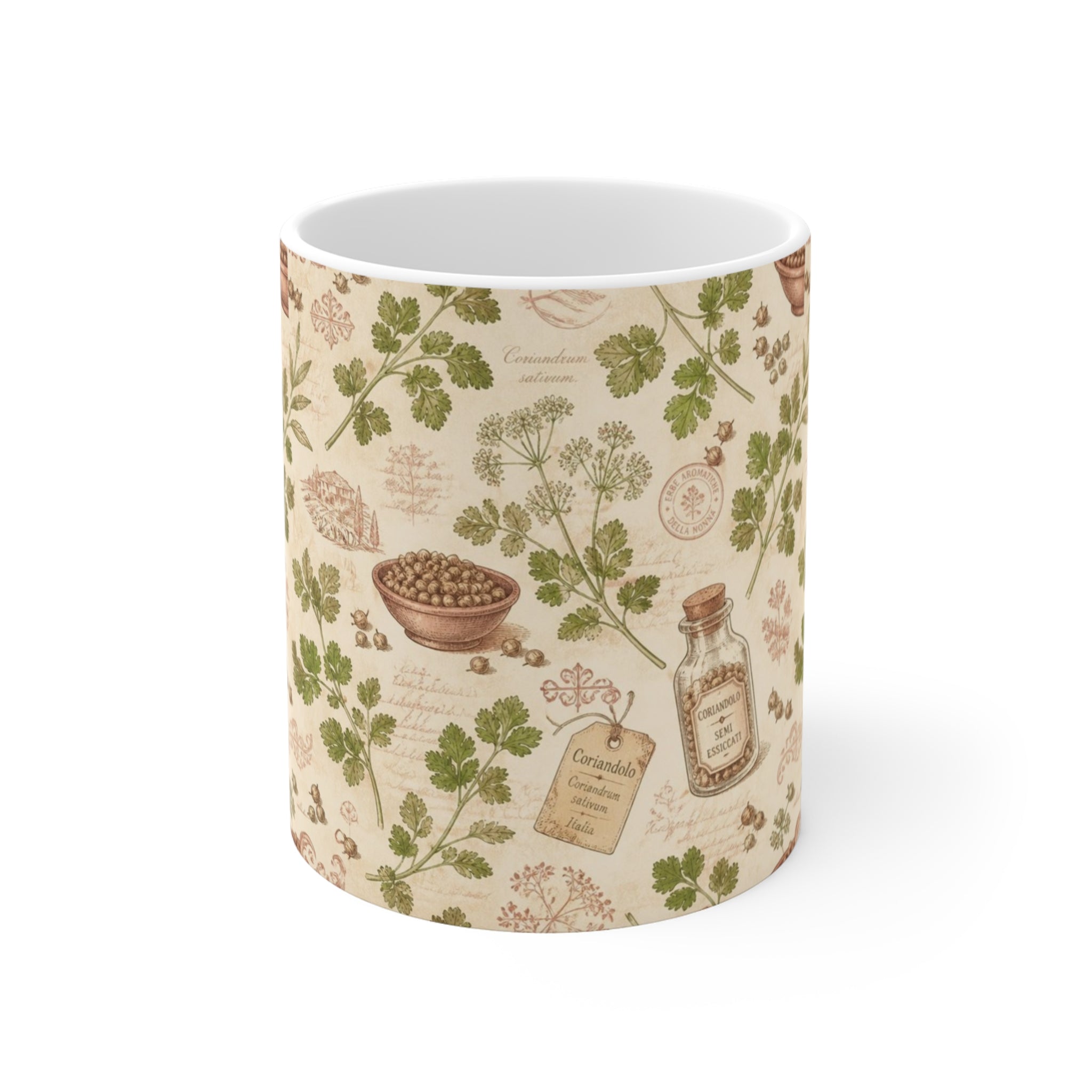 Coriander & Seeds 11oz Ceramic Mug Mediterranean Kitchen Botanical Design Italian Cottagecore Gift