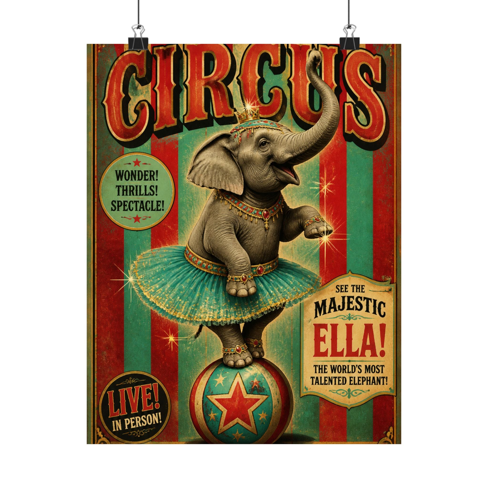 Elephant on Ball Wall Art Poster 24×36 Vintage Circus Bedroom Decor Maximalist Print