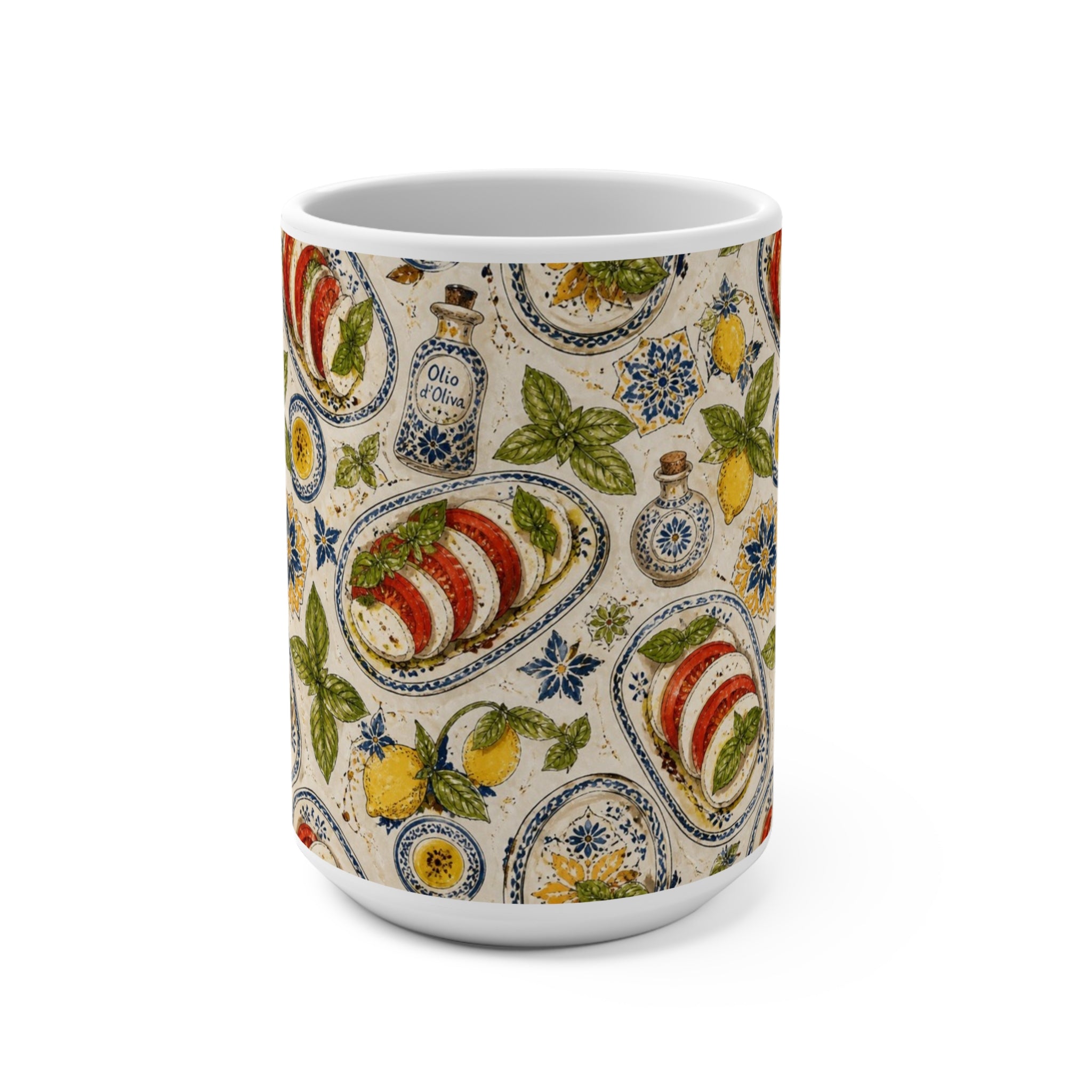 Caprese Arrangement 15oz Ceramic Mug Mediterranean Kitchen Watercolor Design Italian Cottagecore Gift