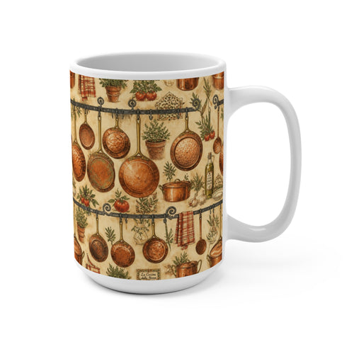 Copper Cookware 15oz Ceramic Mug Mediterranean Kitchen Watercolor Design Italian Cottagecore Gift