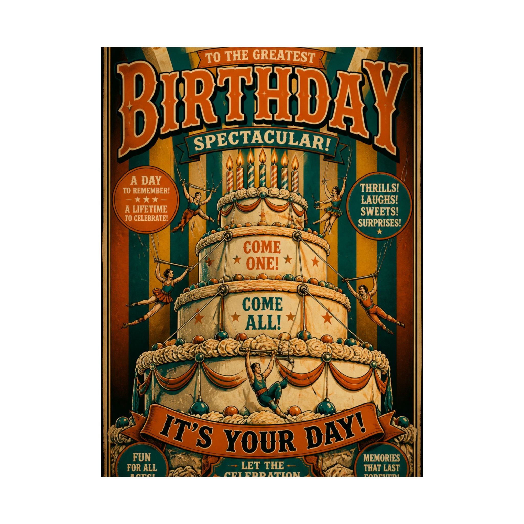 Birthday Cake Trapeze Wall Art Poster 24×36 Vintage Circus Bedroom Decor Maximalist Print