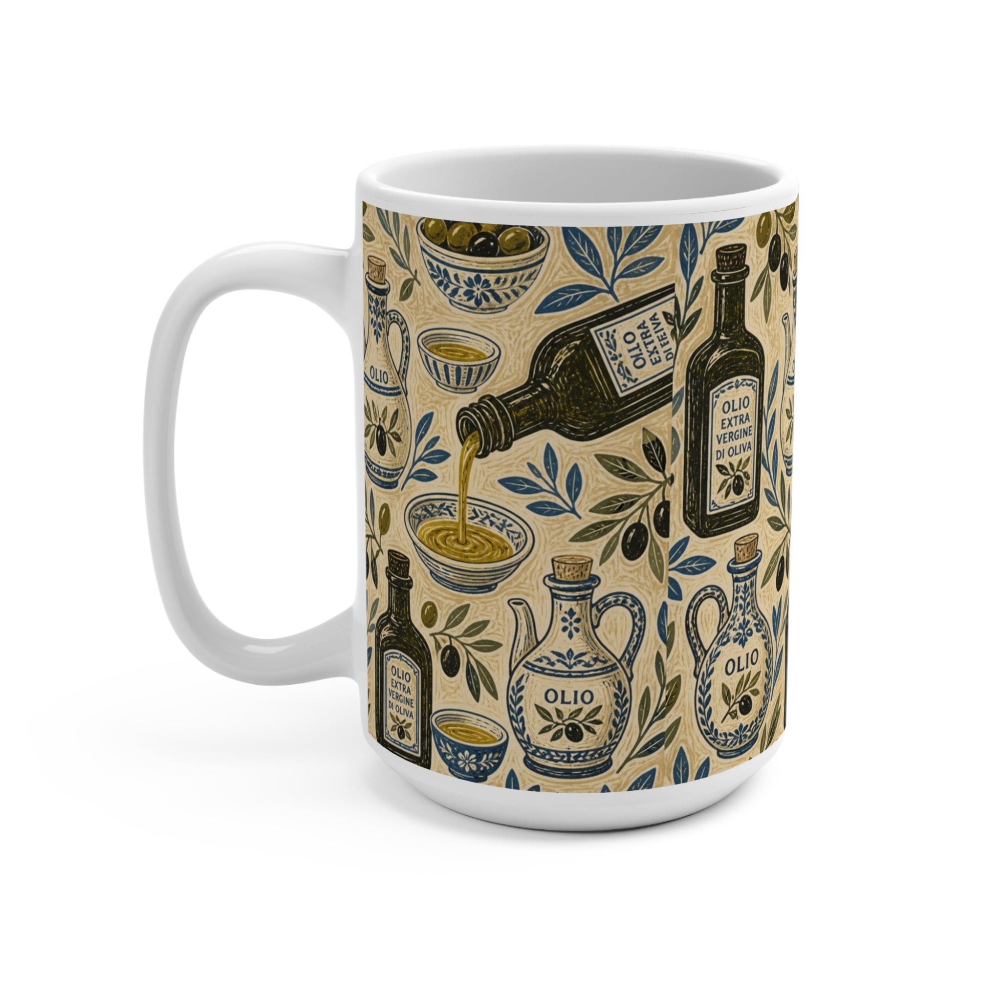 Olive Oil Bottles 15oz Ceramic Mug Mediterranean Kitchen Linocut Design Italian Cottagecore Gift