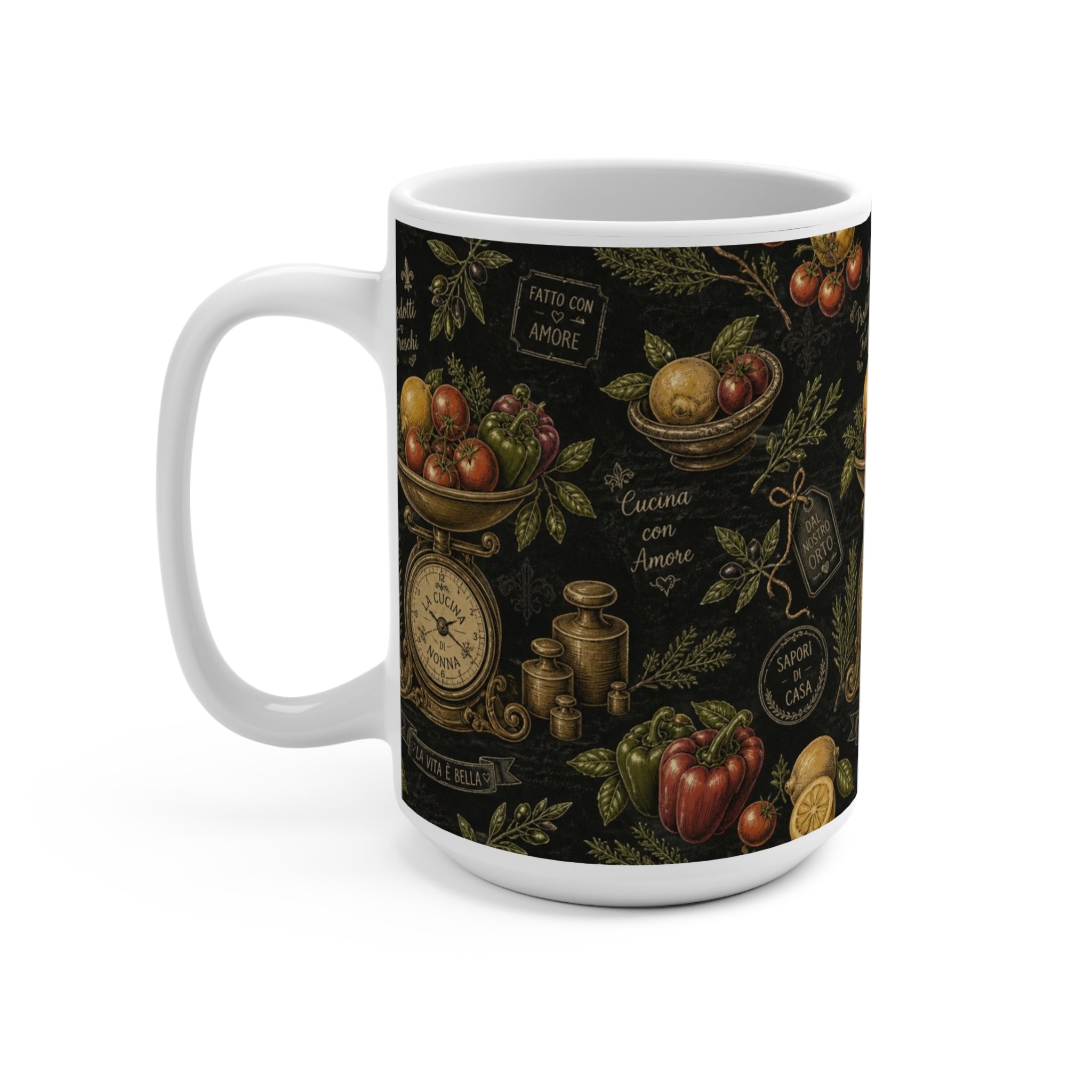 Vintage Kitchen Scale 15oz Ceramic Mug Mediterranean Kitchen Chalk Art Design Italian Cottagecore Gift