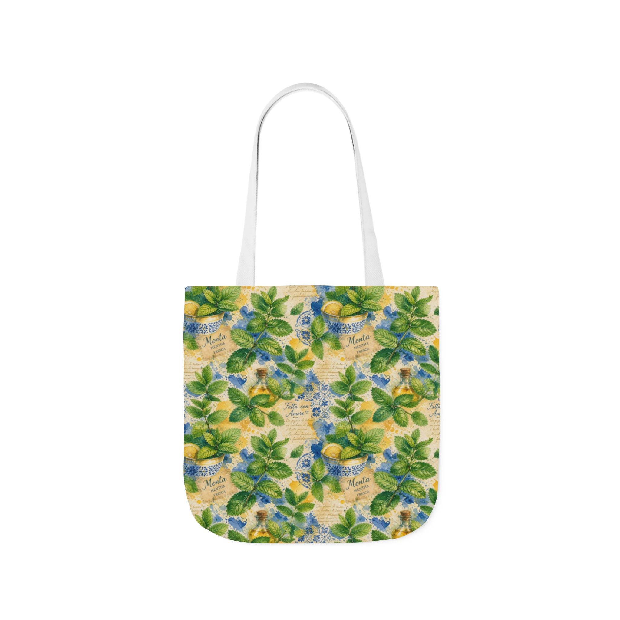 Fresh Mint Leaves Canvas Tote Bag Mediterranean Kitchen Watercolor Splash Design Italian Cottagecore Gift