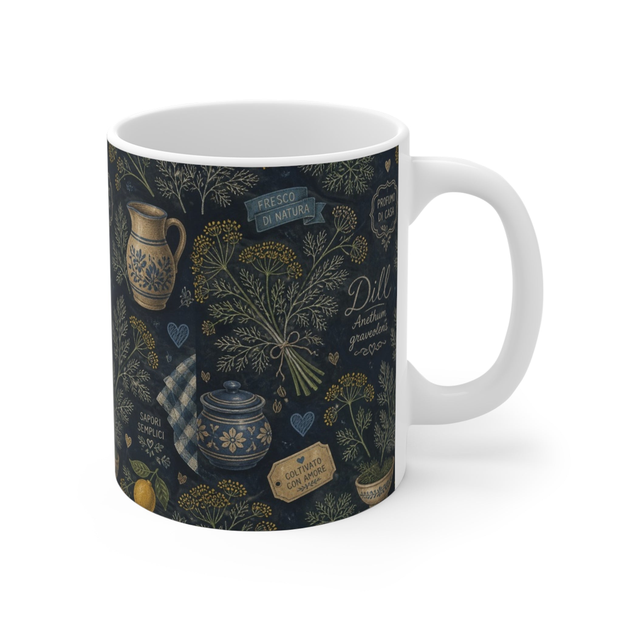 Dill Fronds 11oz Ceramic Mug Mediterranean Kitchen Chalk Art Design Italian Cottagecore Gift