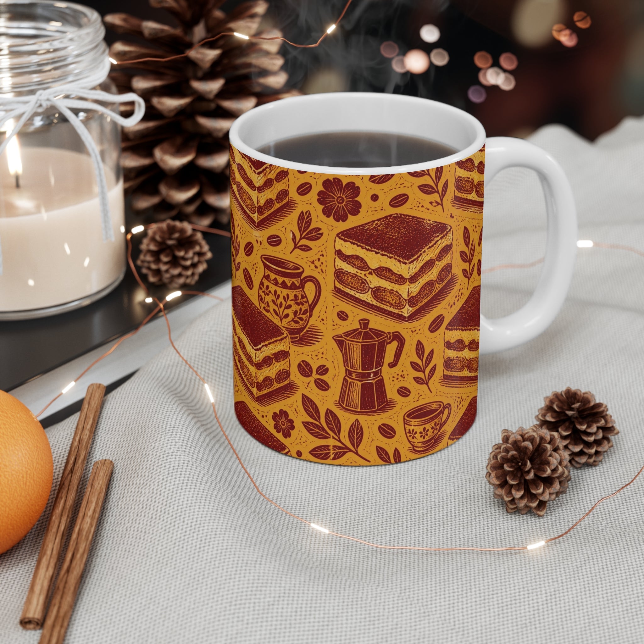 Tiramisu Layers 11oz Ceramic Mug Mediterranean Kitchen Linocut Design Italian Cottagecore Gift