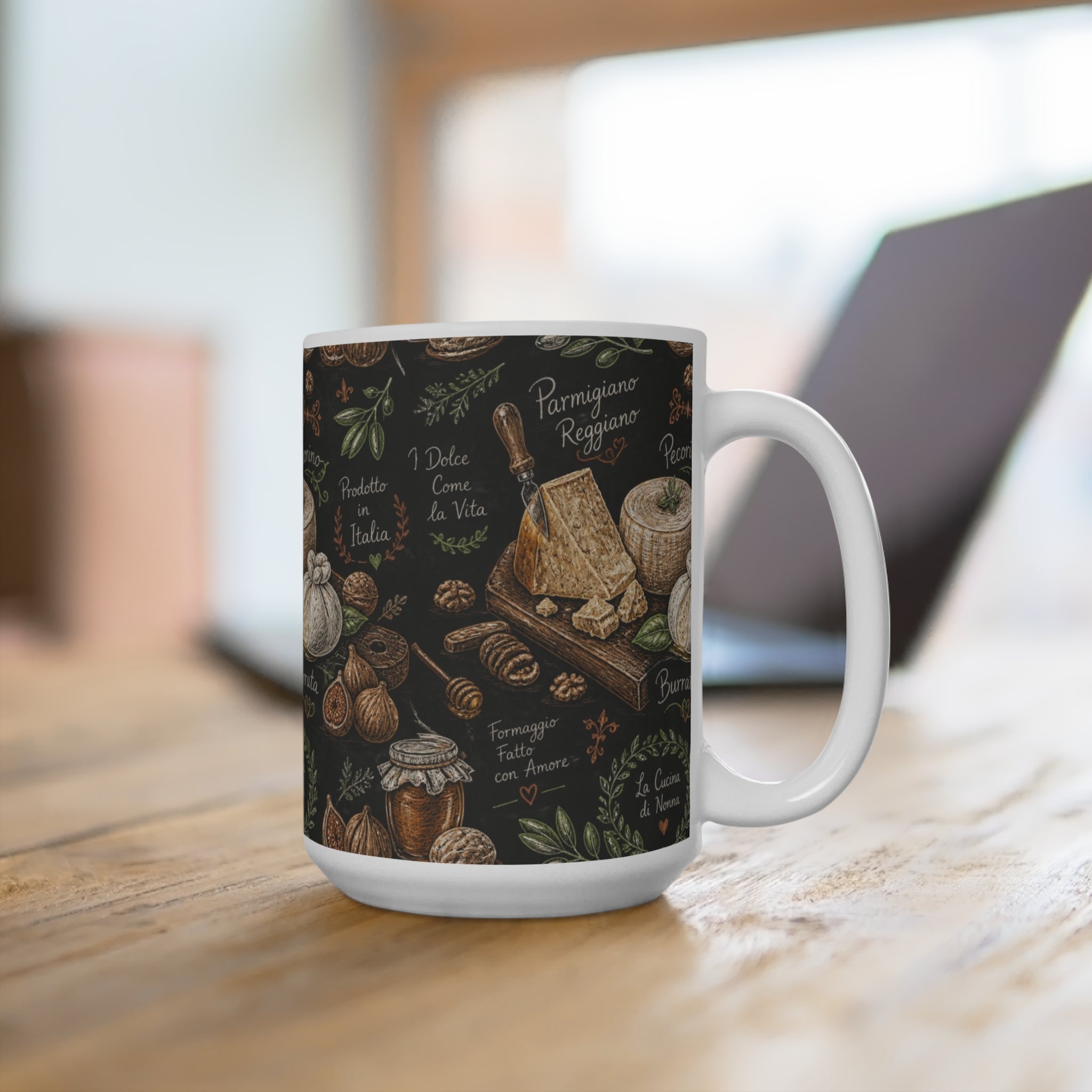 Italian Cheese Board 15oz Ceramic Mug Mediterranean Kitchen Chalk Art Design Italian Cottagecore Gift