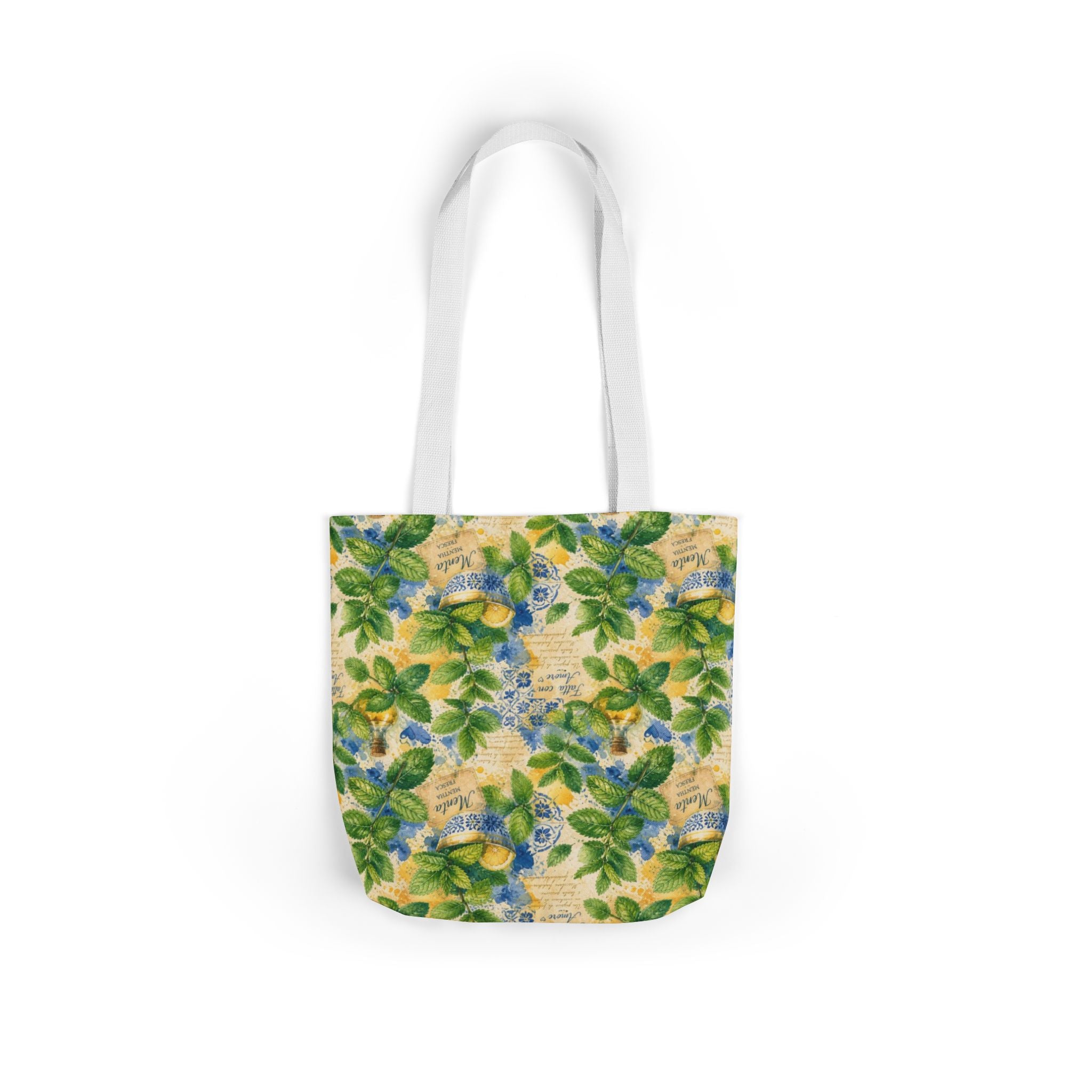 Fresh Mint Leaves Canvas Tote Bag Mediterranean Kitchen Watercolor Splash Design Italian Cottagecore Gift