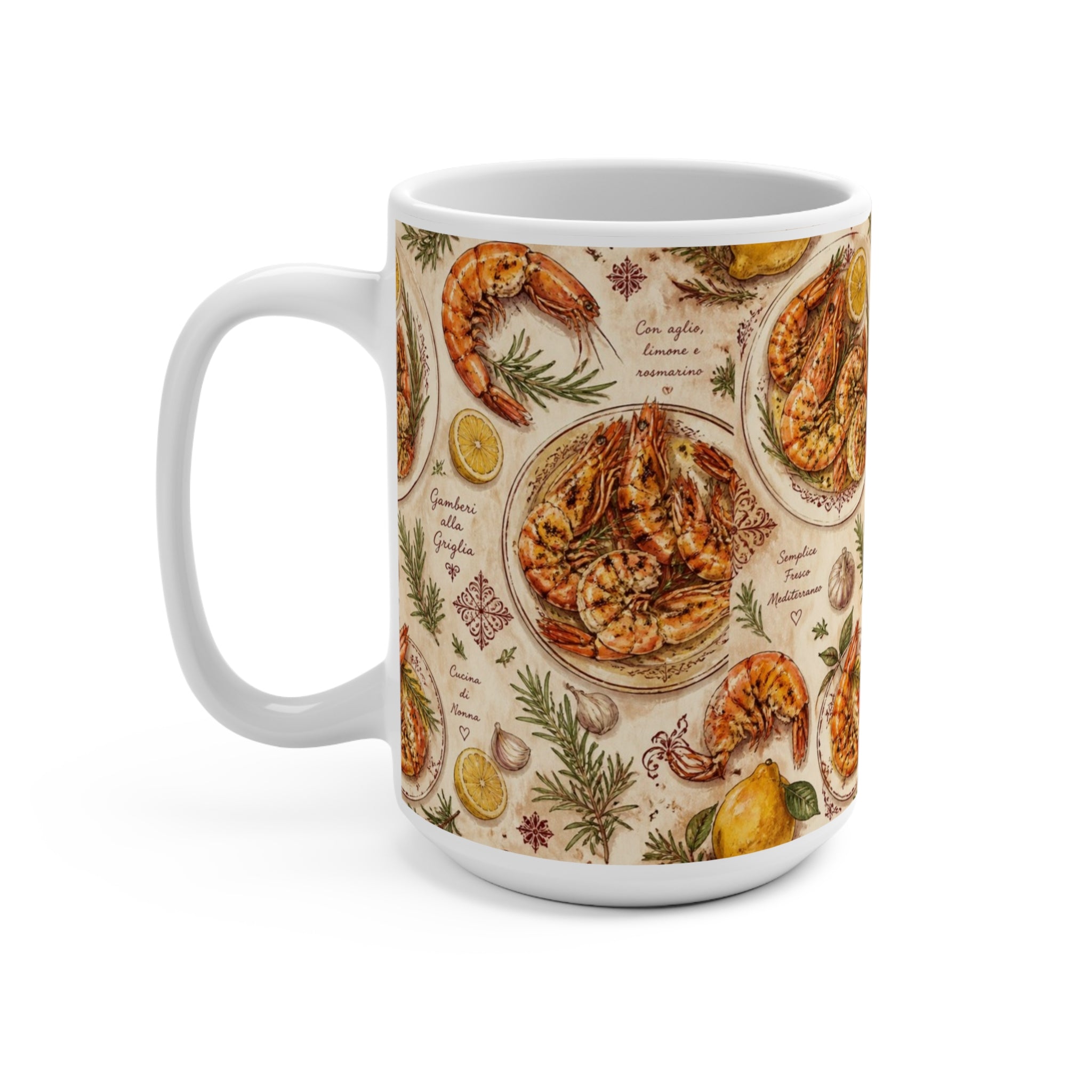 Mediterranean Shrimp 15oz Ceramic Mug Mediterranean Kitchen Watercolor Design Italian Cottagecore Gift