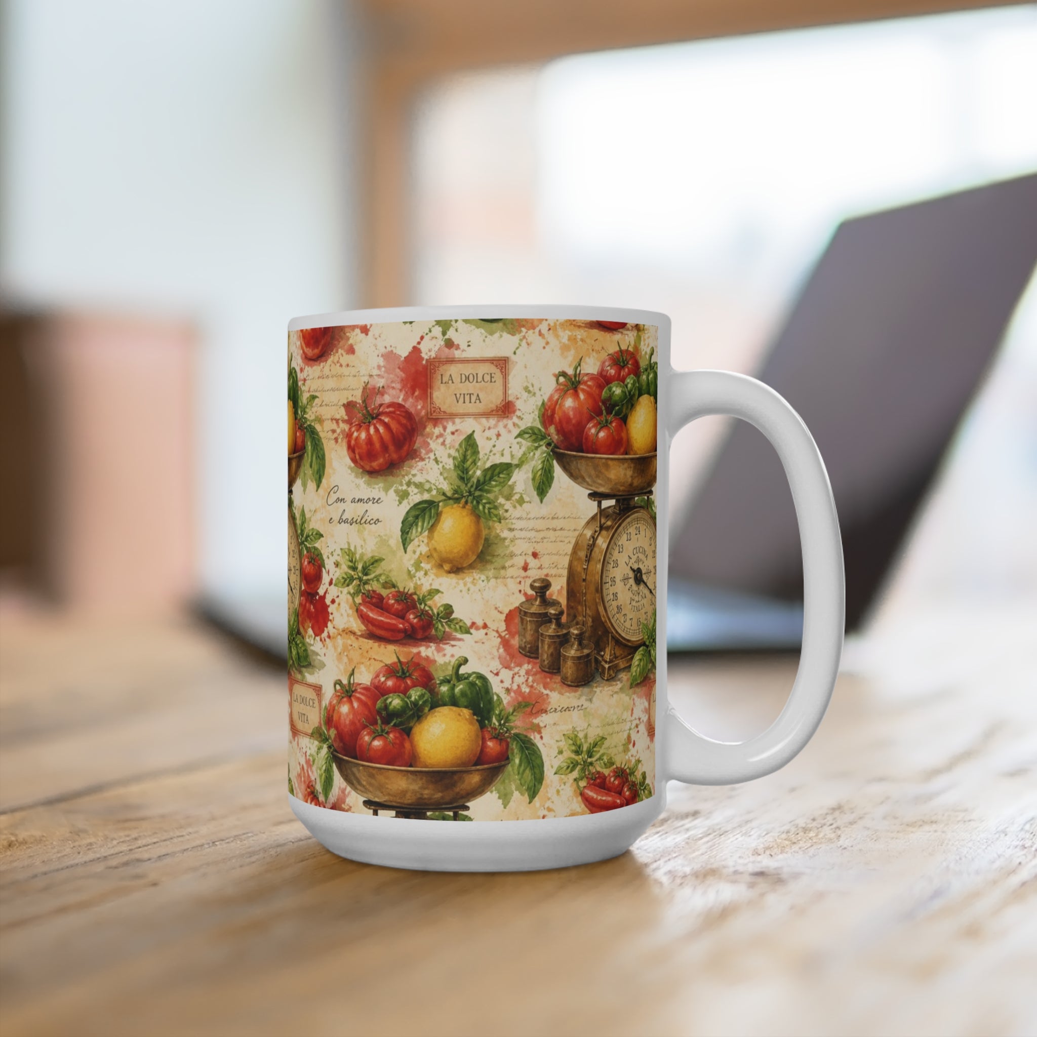 Vintage Kitchen Scale 15oz Ceramic Mug Mediterranean Kitchen Watercolor Splash Design Italian Cottagecore Gift