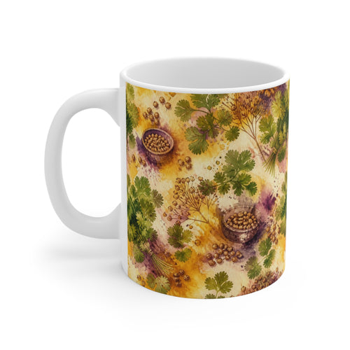 Coriander & Seeds 11oz Ceramic Mug Mediterranean Kitchen Watercolor Splash Design Italian Cottagecore Gift