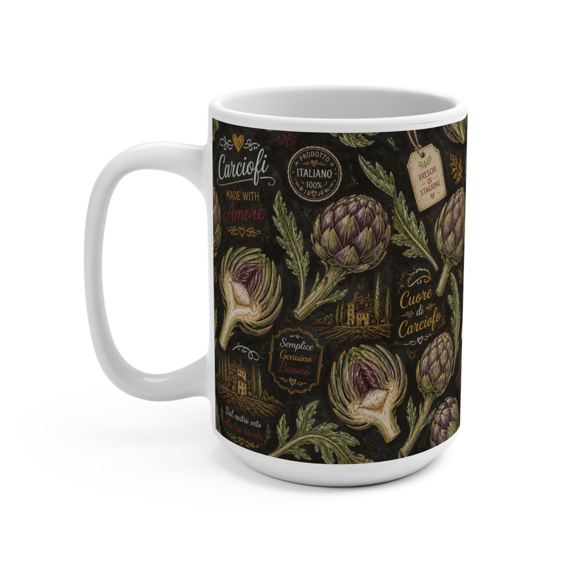 Globe Artichokes 15oz Ceramic Mug Mediterranean Kitchen Chalk Art Design Italian Cottagecore Gift