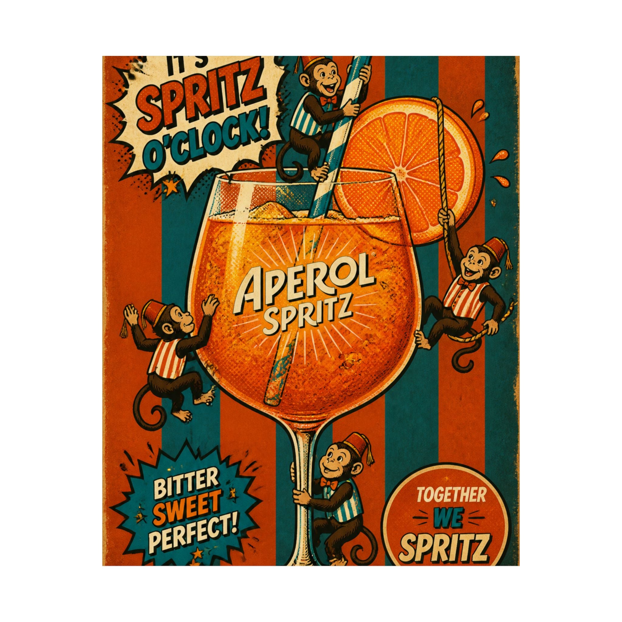 Aperol Spritz Monkeys Wall Art Poster 24×36 Pop Art Restaurant Decor Maximalist Print
