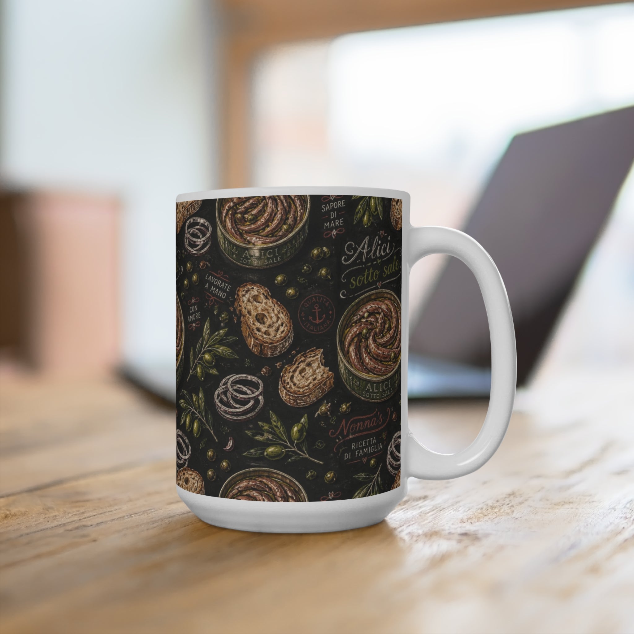 Anchovies & Capers 15oz Ceramic Mug Mediterranean Kitchen Chalk Art Design Italian Cottagecore Gift