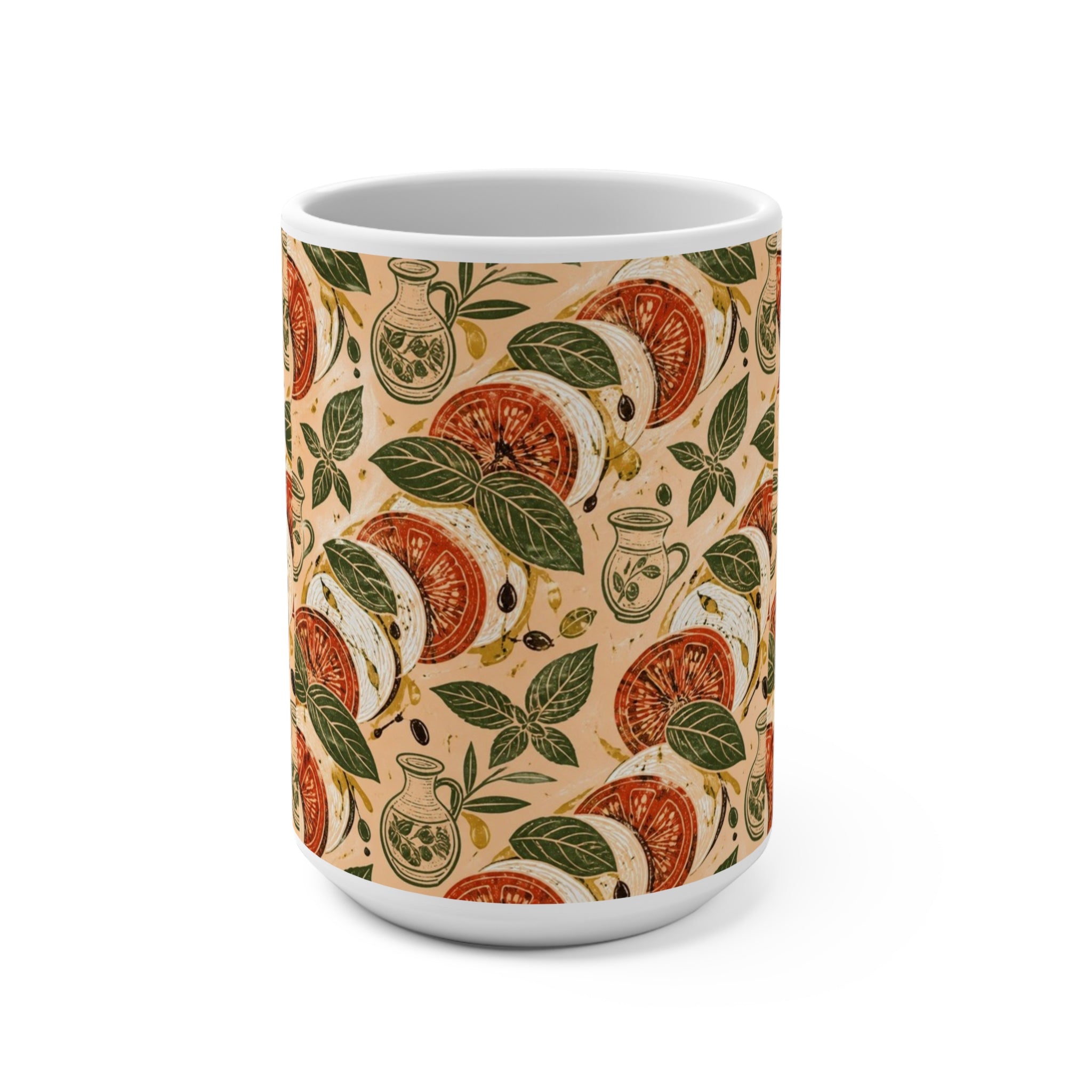 Caprese Arrangement 15oz Ceramic Mug Mediterranean Kitchen Linocut Design Italian Cottagecore Gift