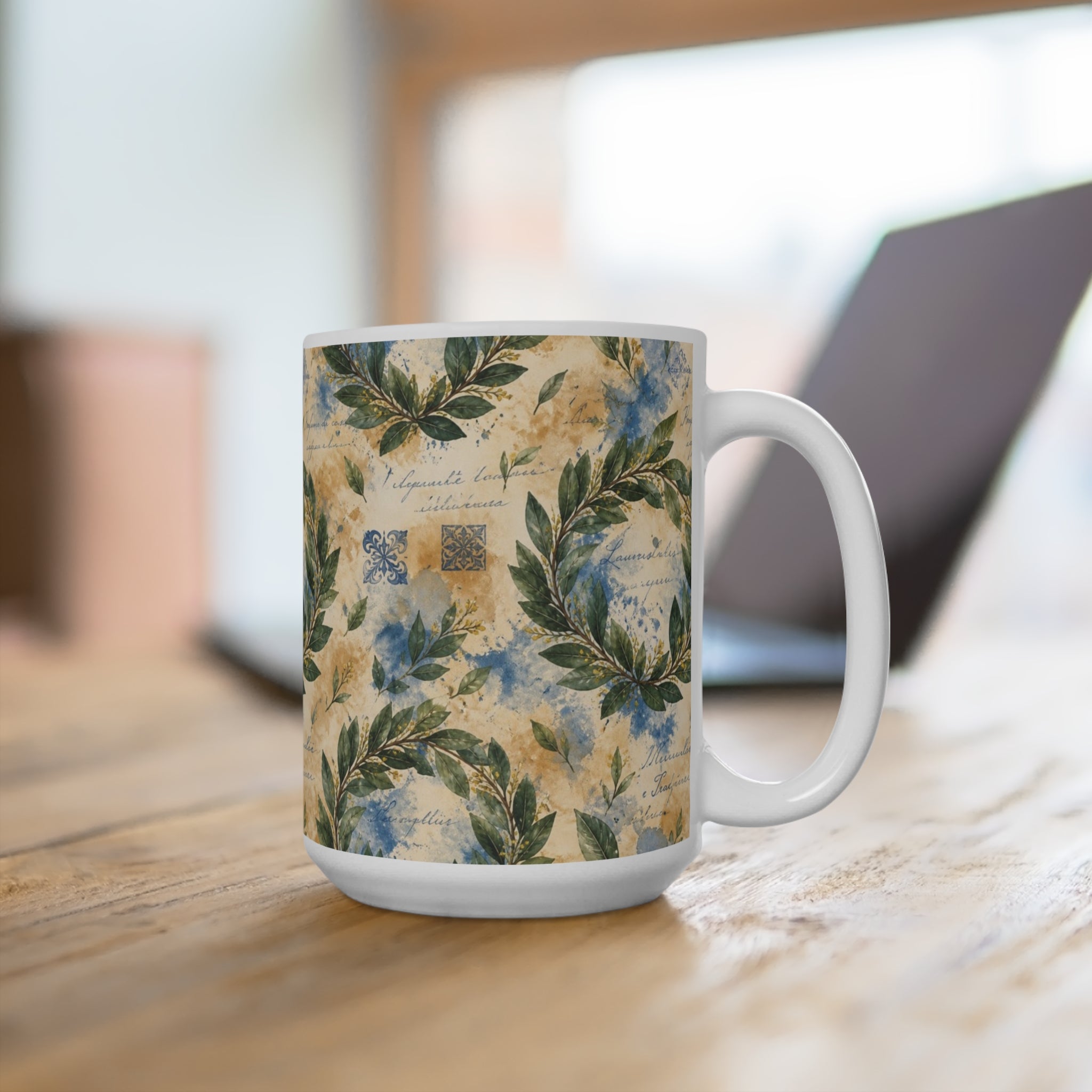 Bay Laurel Wreath 15oz Ceramic Mug Mediterranean Kitchen Watercolor Splash Design Italian Cottagecore Gift