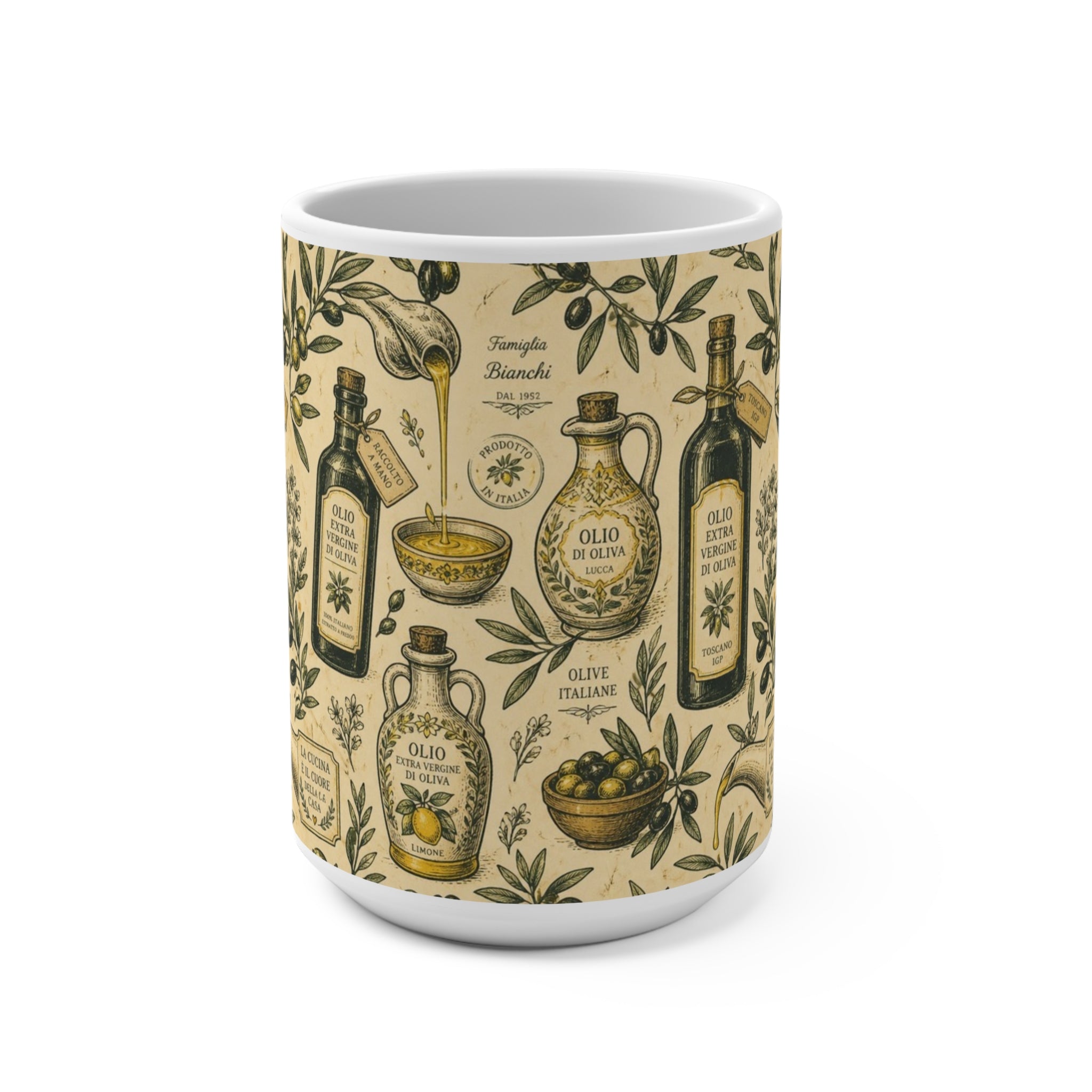 Olive Oil Bottles 15oz Ceramic Mug Mediterranean Kitchen Botanical Design Italian Cottagecore Gift