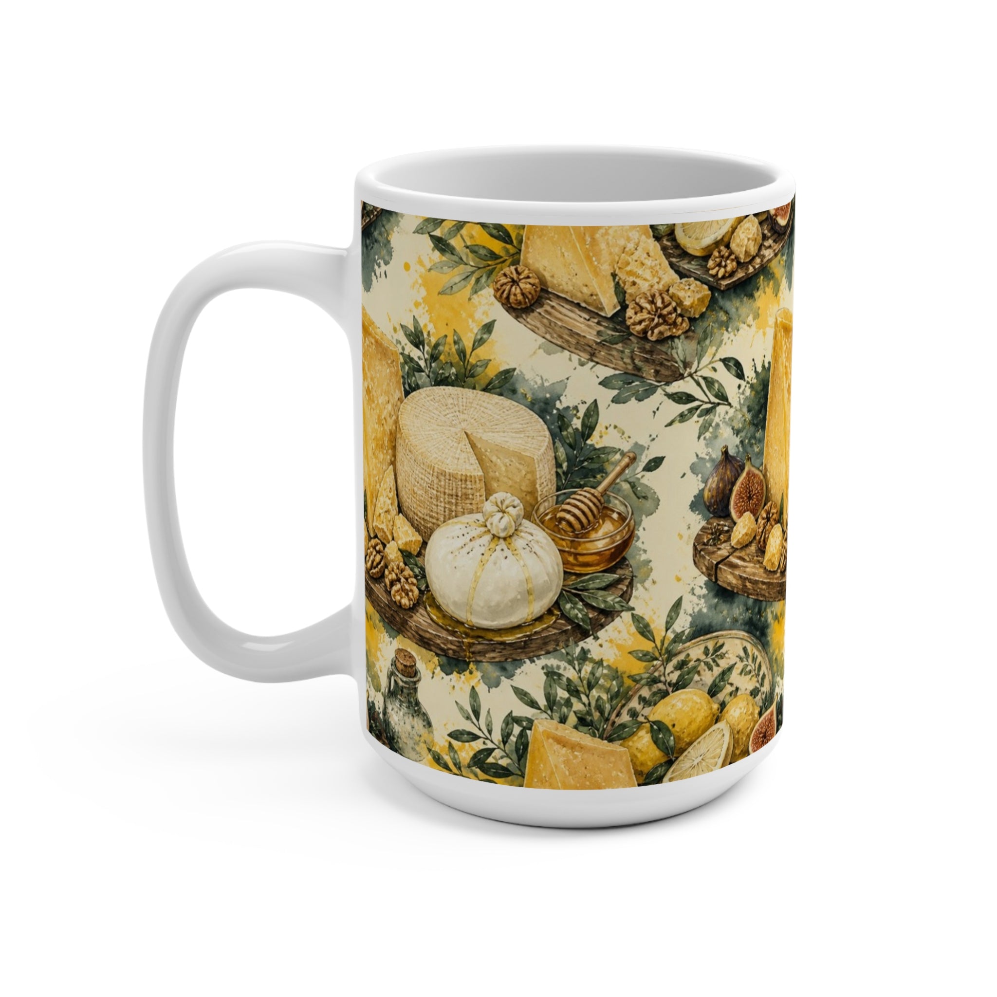 Italian Cheese Board 15oz Ceramic Mug Mediterranean Kitchen Watercolor Splash Design Italian Cottagecore Gift