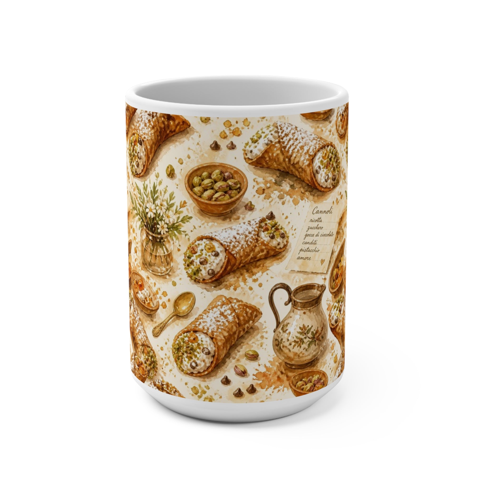 Sicilian Cannoli 15oz Ceramic Mug Mediterranean Kitchen Watercolor Splash Design Italian Cottagecore Gift