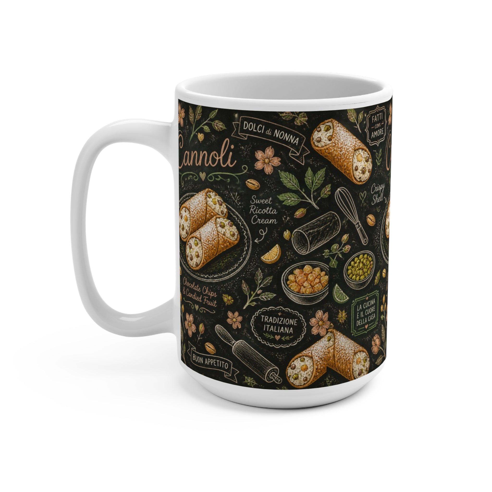 Sicilian Cannoli 15oz Ceramic Mug Mediterranean Kitchen Chalk Art Design Italian Cottagecore Gift