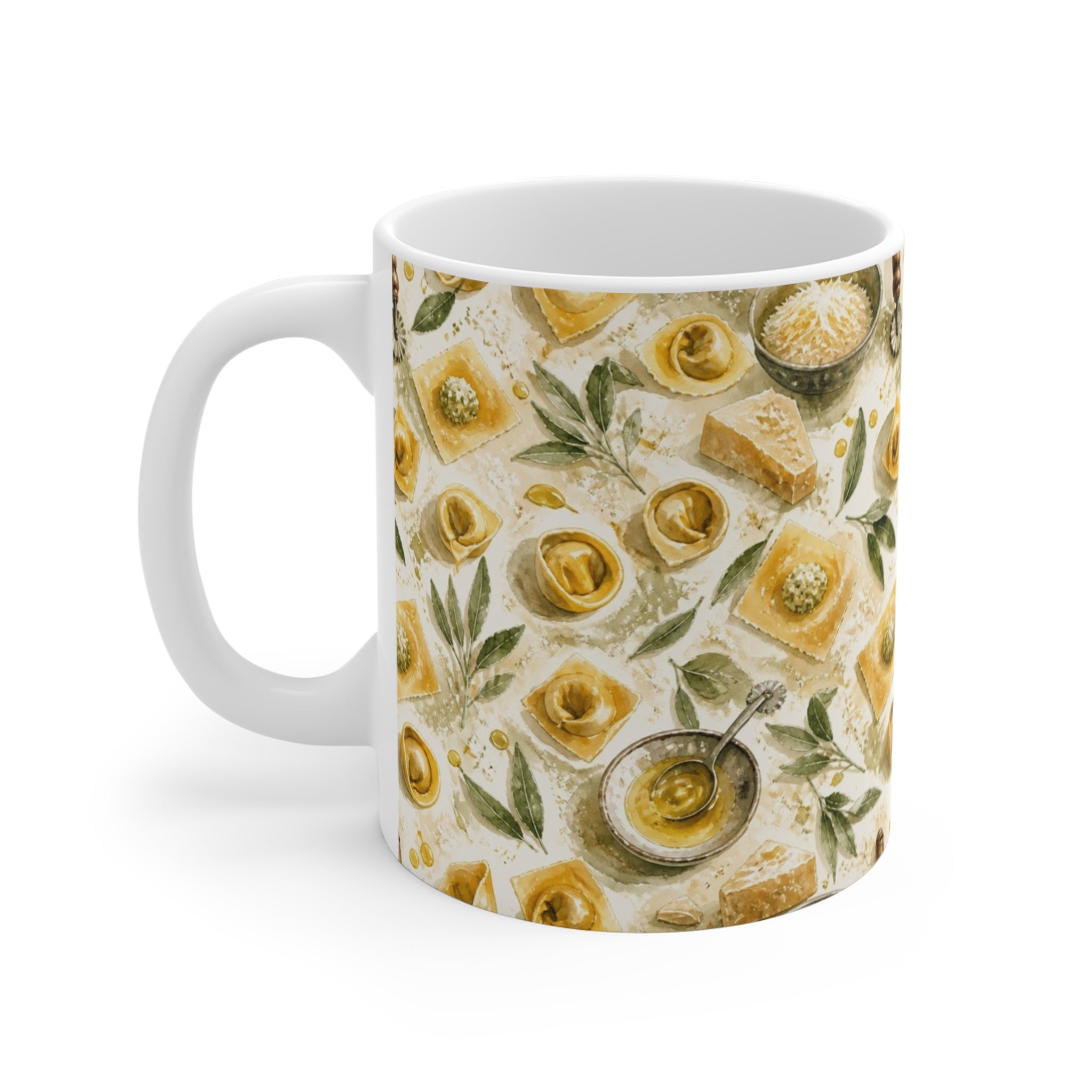 Tortellini with Sage 11oz Ceramic Mug Mediterranean Kitchen Watercolor Splash Design Italian Cottagecore Gift