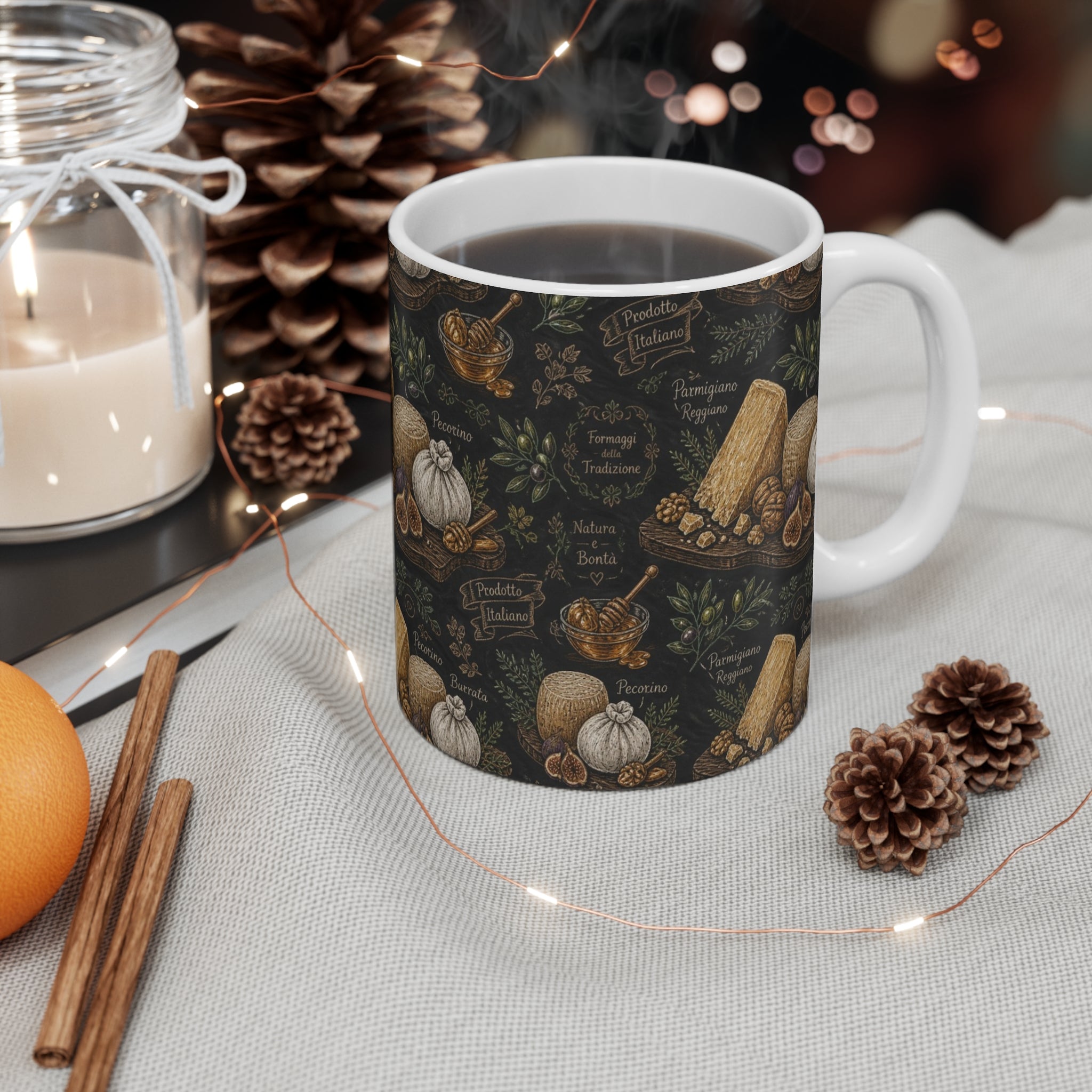 Italian Cheese Board 11oz Ceramic Mug Mediterranean Kitchen Chalk Art Design Italian Cottagecore Gift