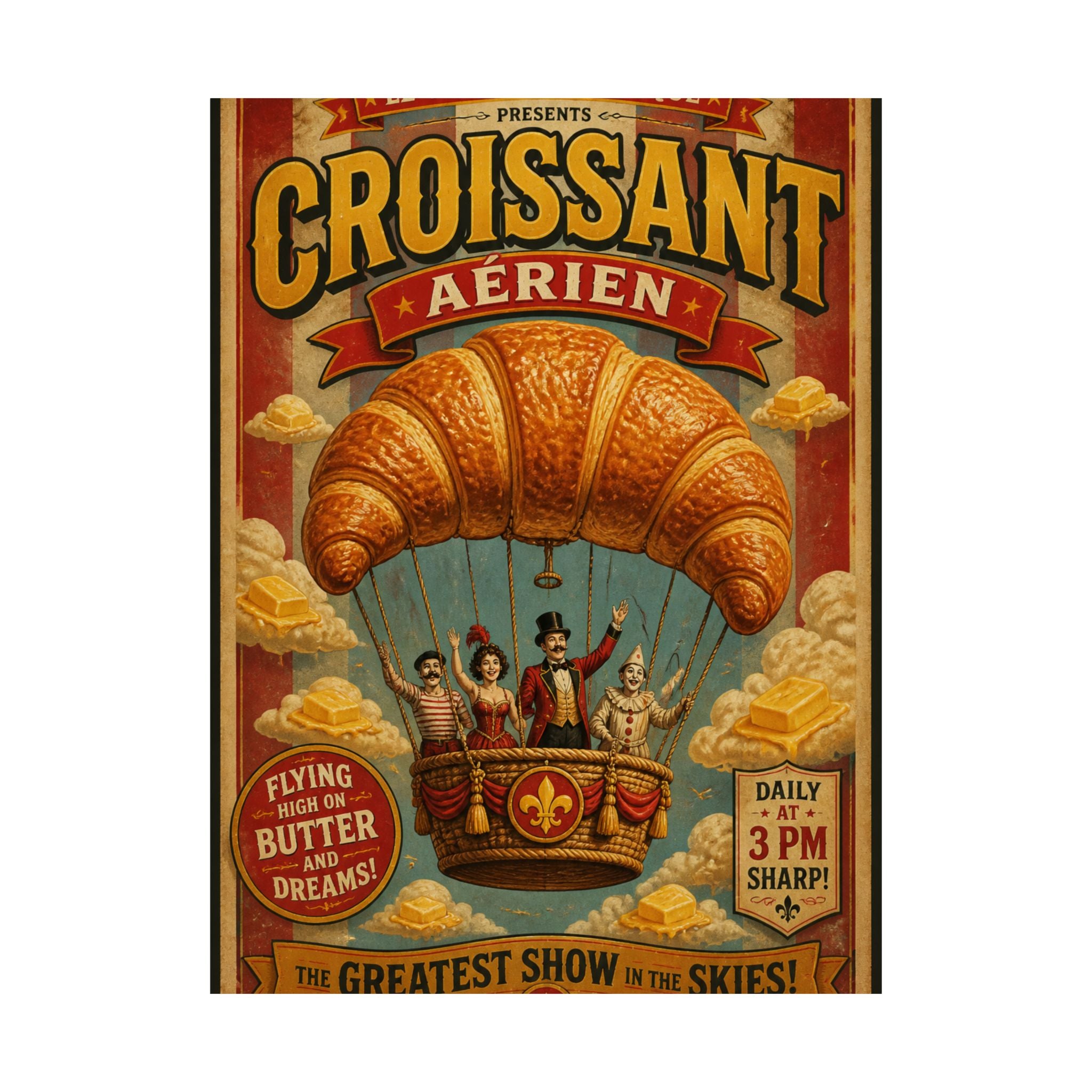 Croissant Hot Air Balloon Wall Art Poster 18×24 Vintage Circus Kitchen Decor Maximalist Print