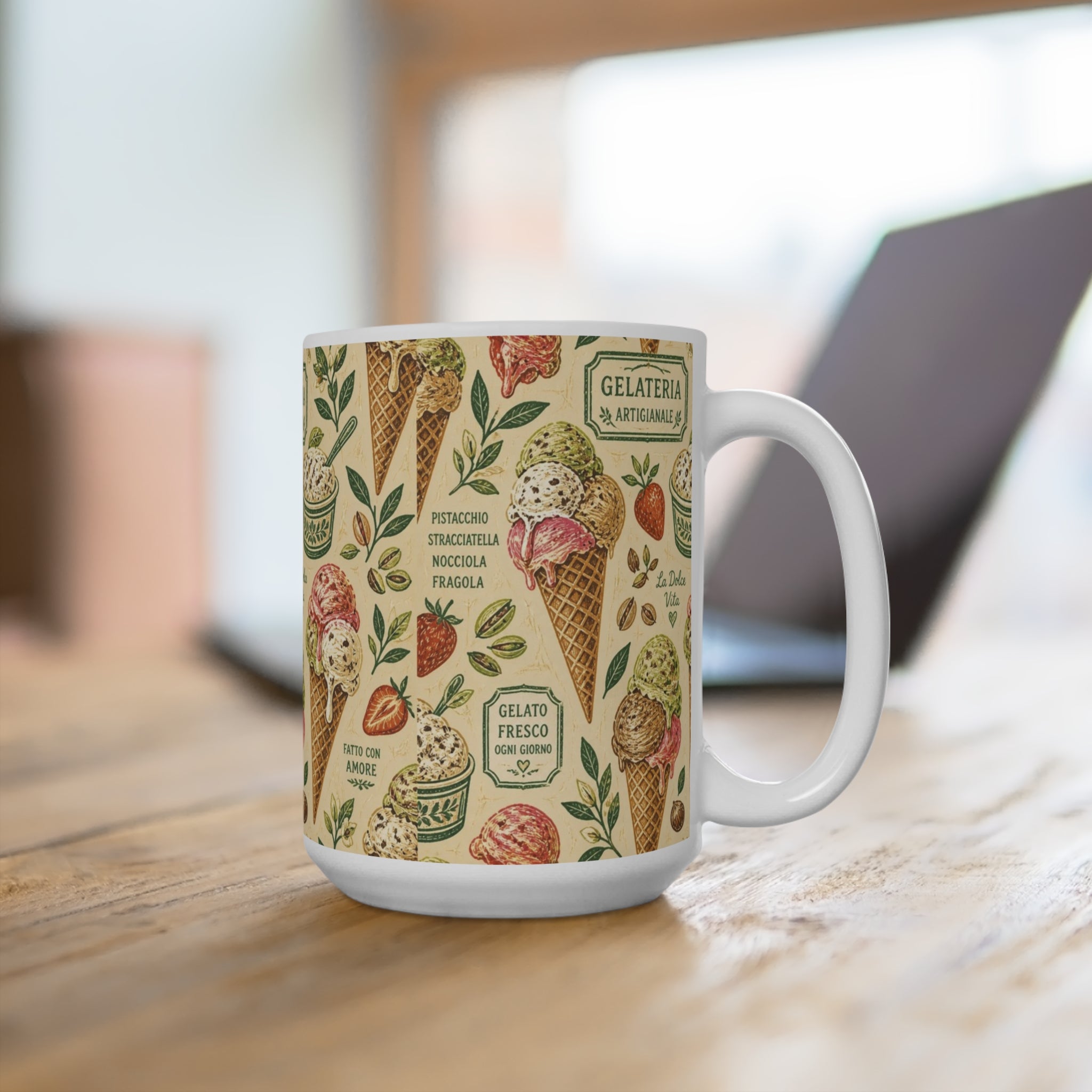 Gelato Scoops 15oz Ceramic Mug Mediterranean Kitchen Linocut Design Italian Cottagecore Gift