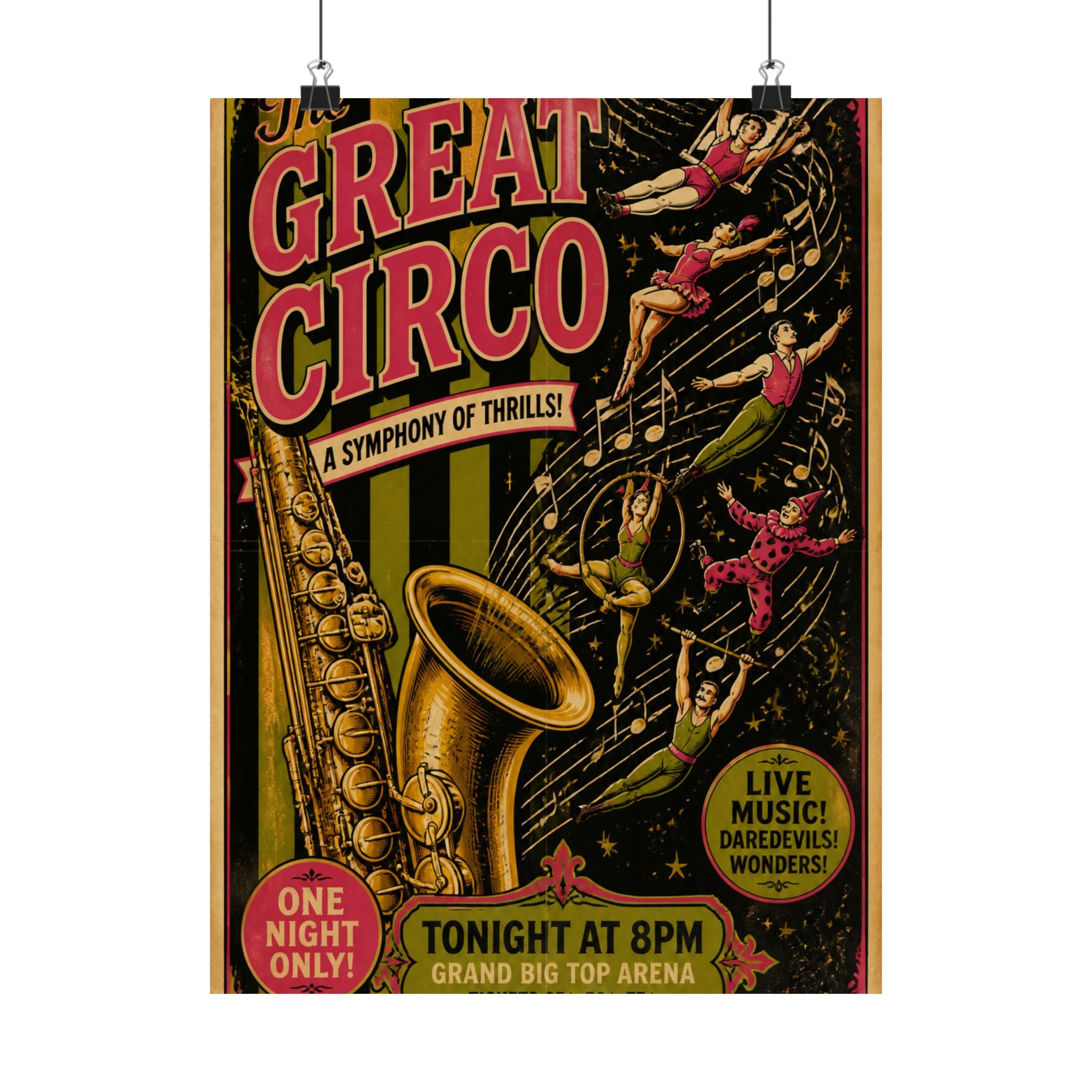 Saxophone Music Circus Wall Art Poster 24×36 Vintage Circus Bedroom Decor Maximalist Print