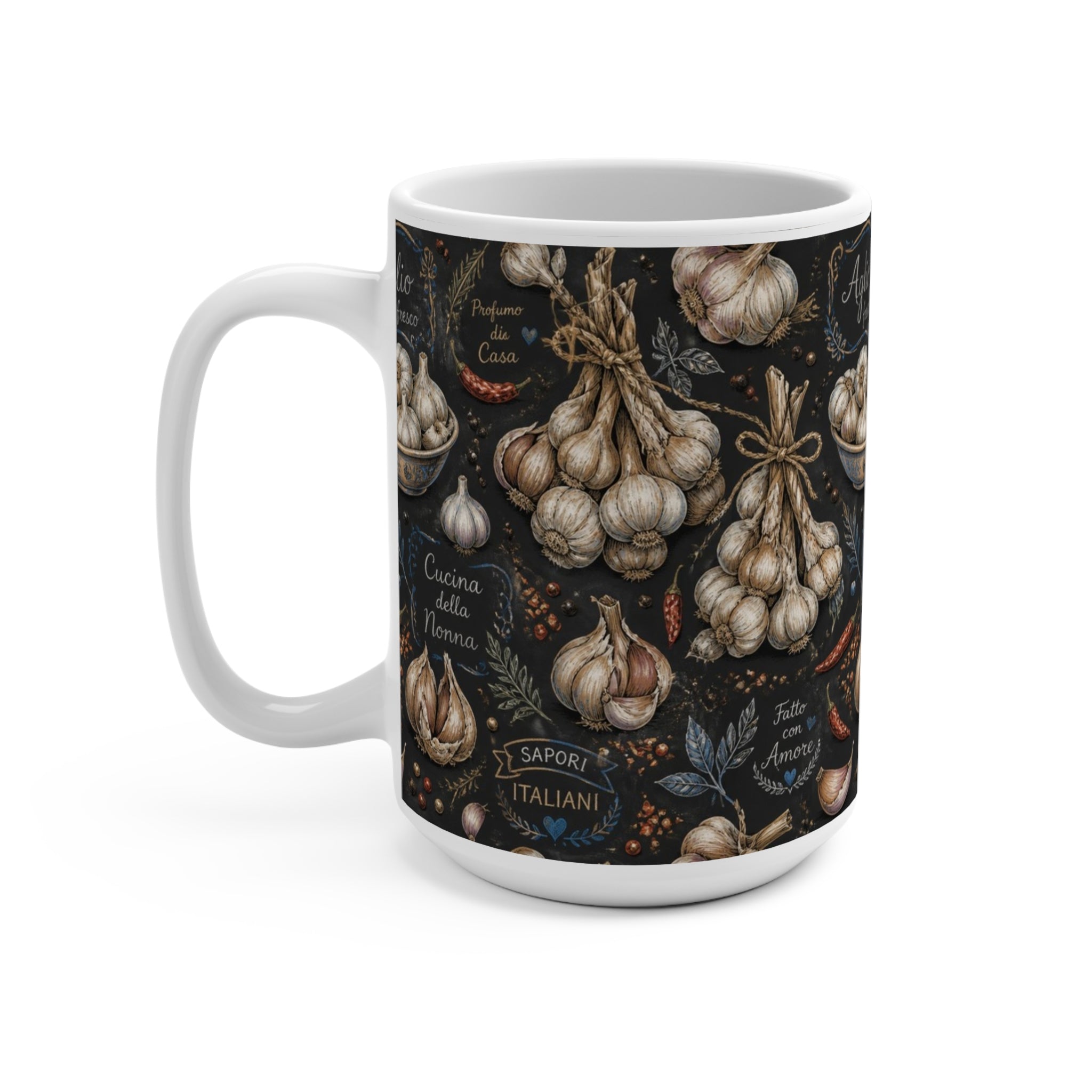 Garlic Bulbs & Cloves 15oz Ceramic Mug Mediterranean Kitchen Chalk Art Design Italian Cottagecore Gift