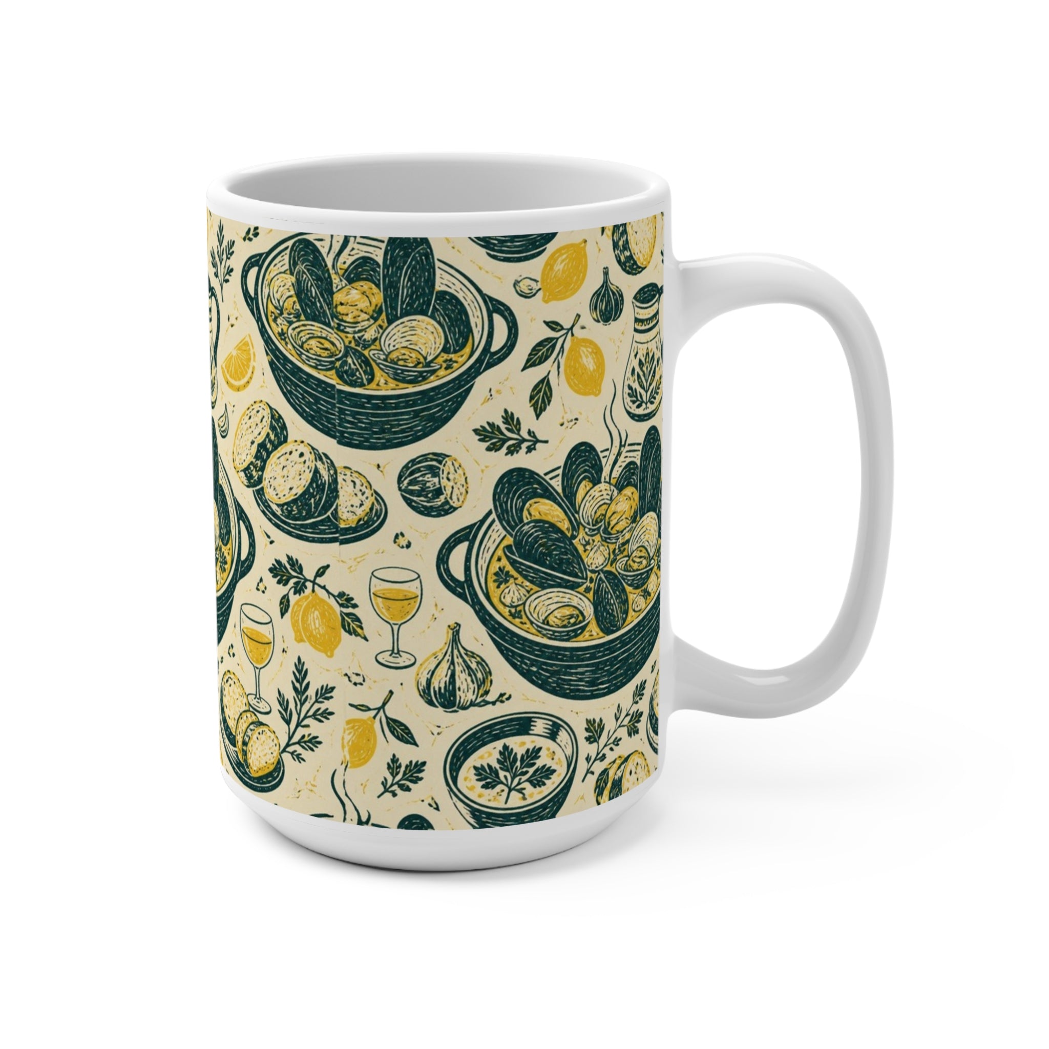 Mussels & Clams 15oz Ceramic Mug Mediterranean Kitchen Linocut Design Italian Cottagecore Gift