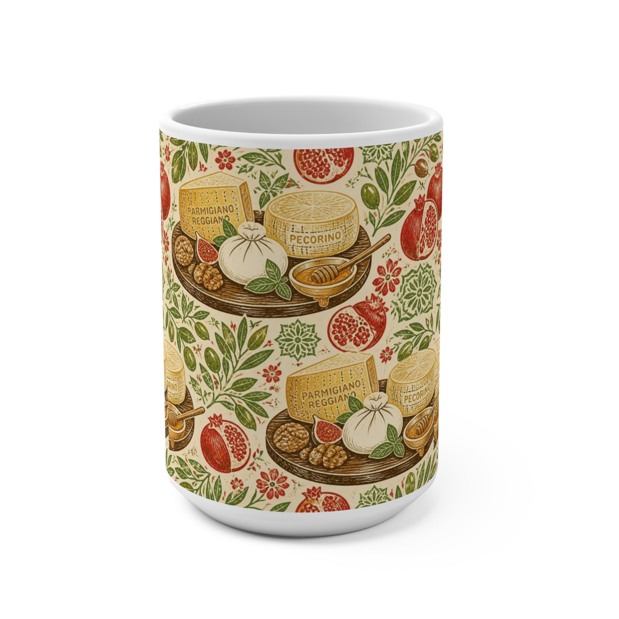 Italian Cheese Board 15oz Ceramic Mug Mediterranean Kitchen Linocut Design Italian Cottagecore Gift