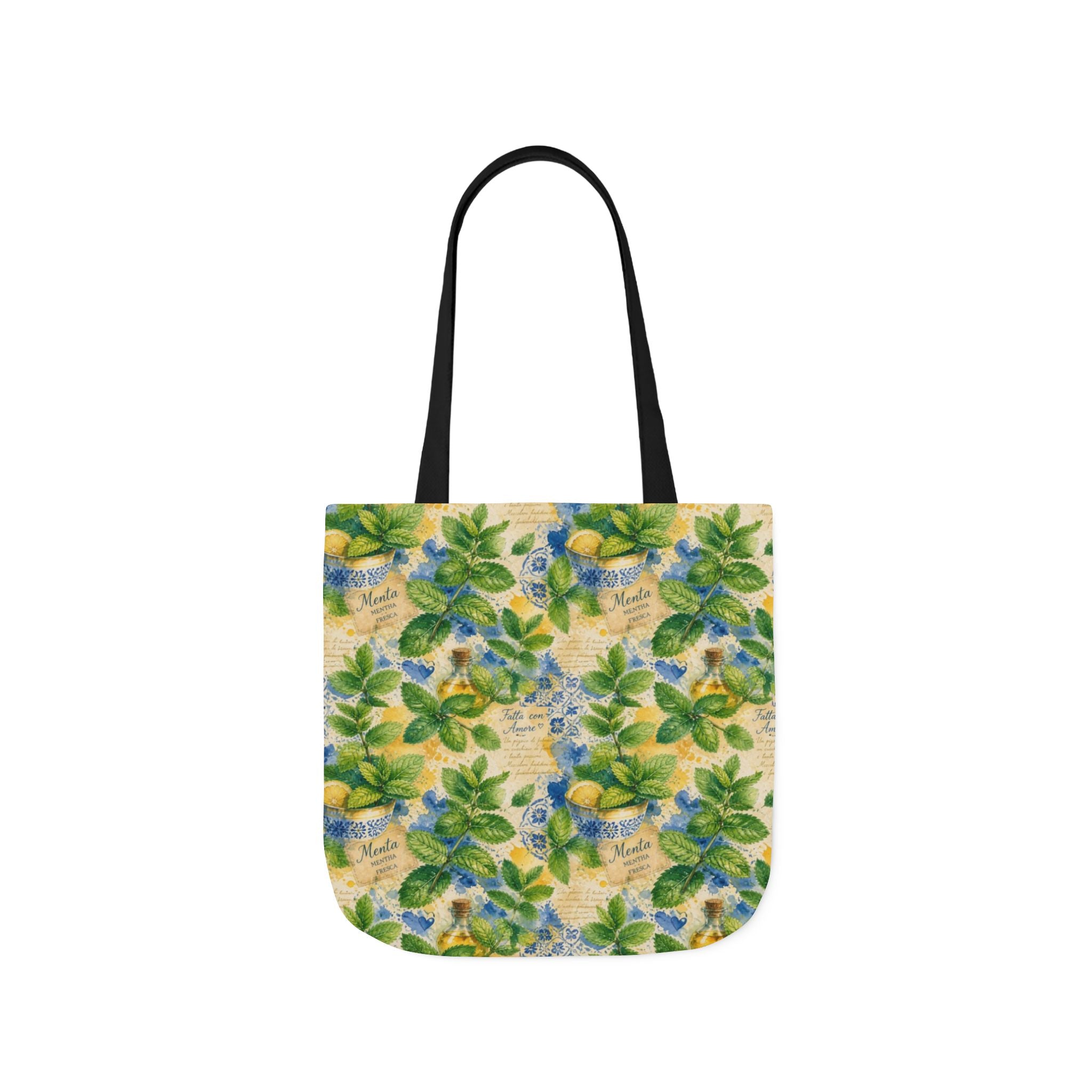 Fresh Mint Leaves Canvas Tote Bag Mediterranean Kitchen Watercolor Splash Design Italian Cottagecore Gift