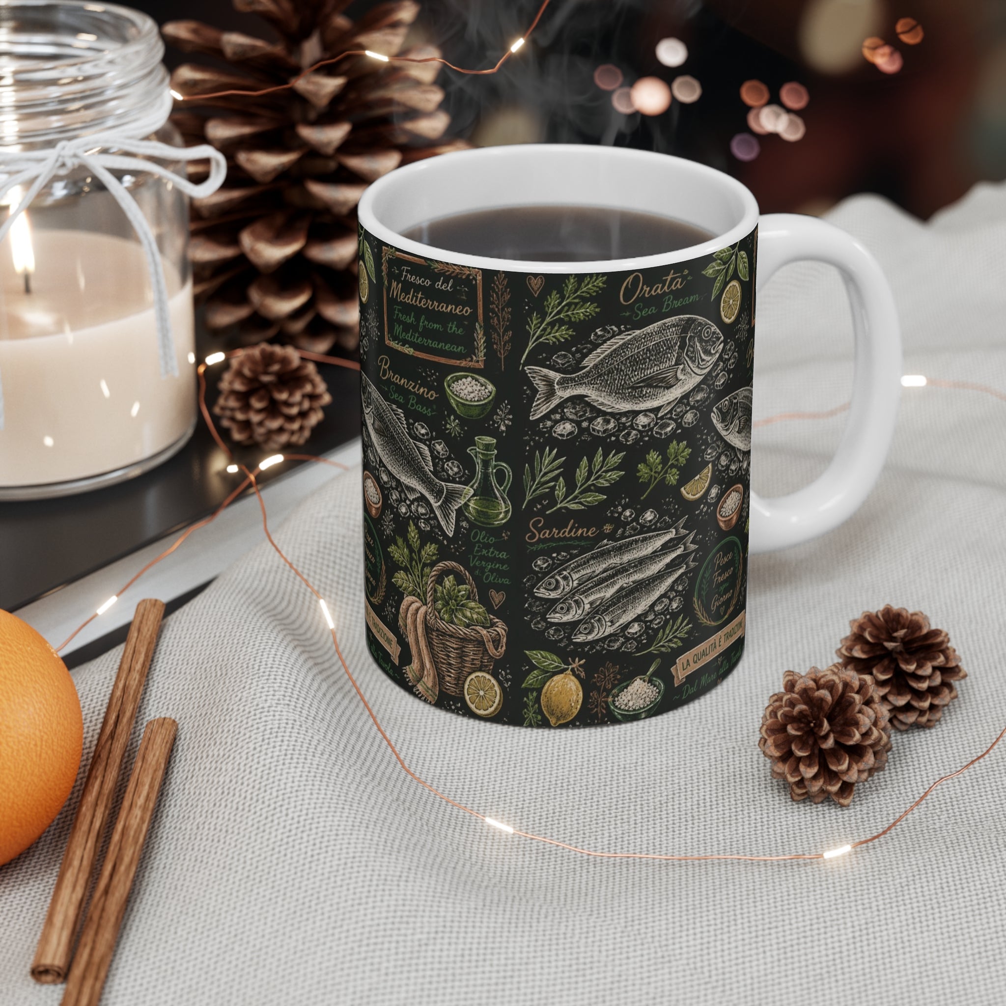 Mediterranean Fish 11oz Ceramic Mug Mediterranean Kitchen Chalk Art Design Italian Cottagecore Gift