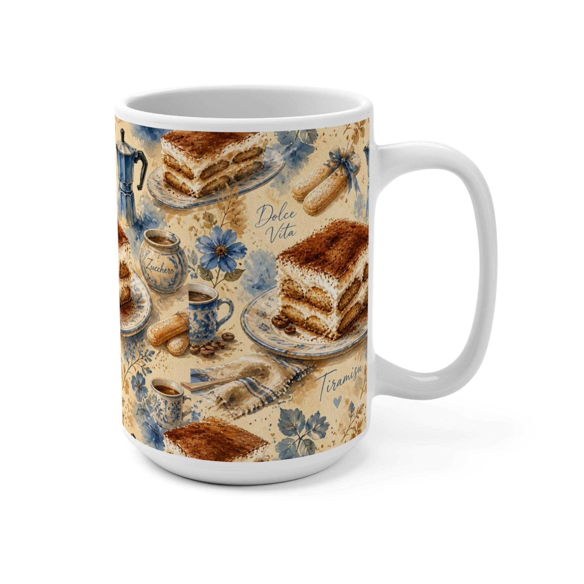 Tiramisu Layers 15oz Ceramic Mug Mediterranean Kitchen Watercolor Splash Design Italian Cottagecore Gift