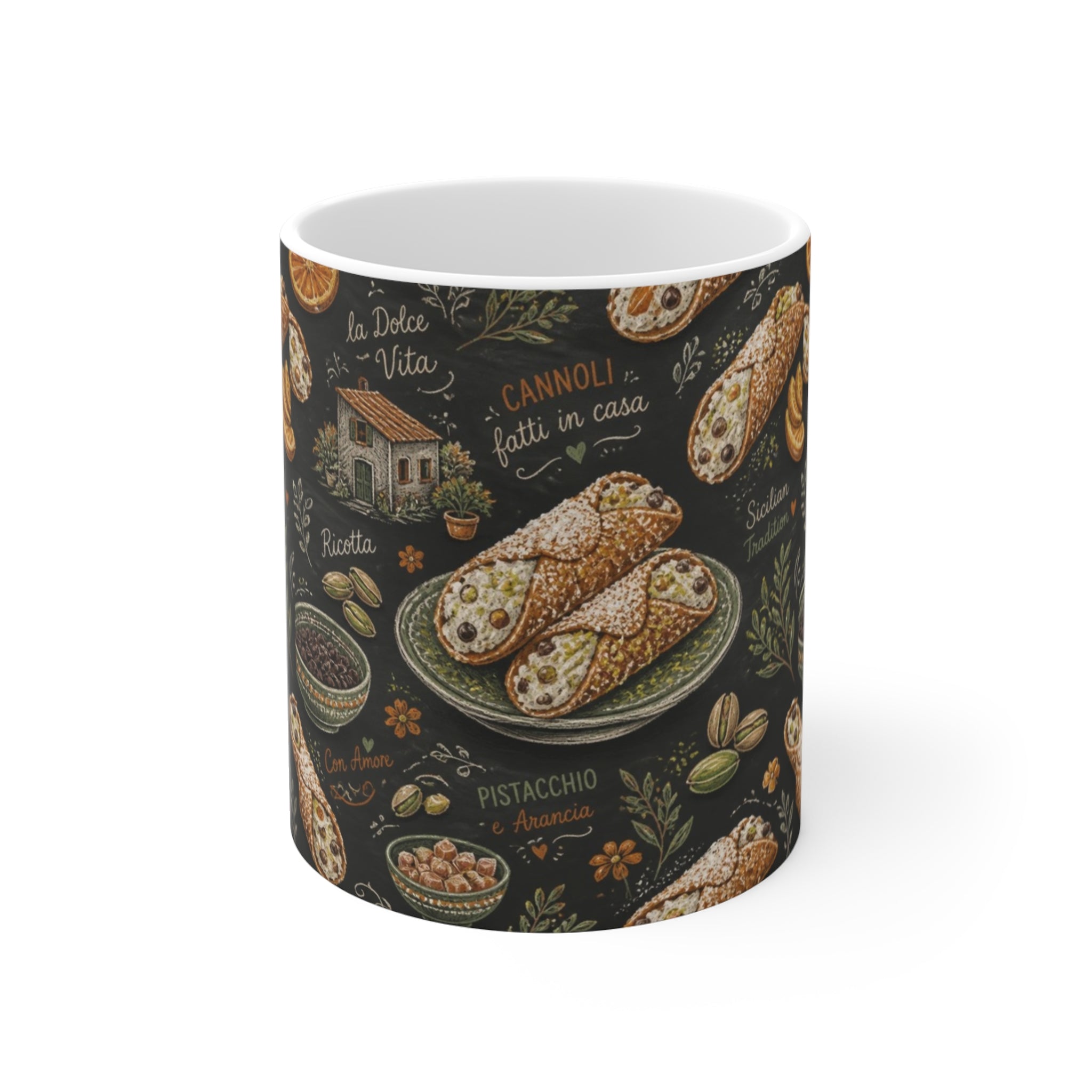 Sicilian Cannoli 11oz Ceramic Mug Mediterranean Kitchen Chalk Art Design Italian Cottagecore Gift