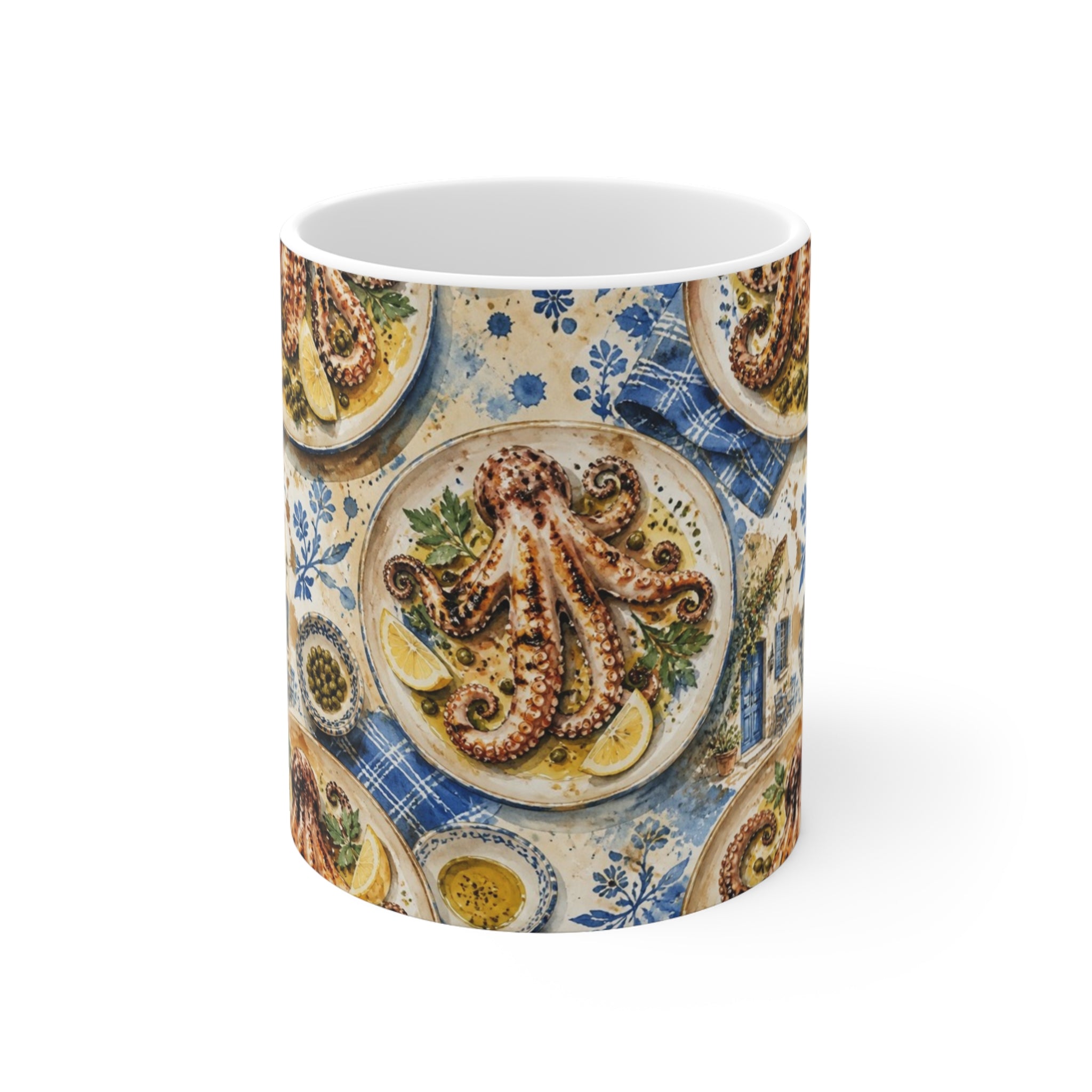 Grilled Octopus 11oz Ceramic Mug Mediterranean Kitchen Watercolor Splash Design Italian Cottagecore Gift