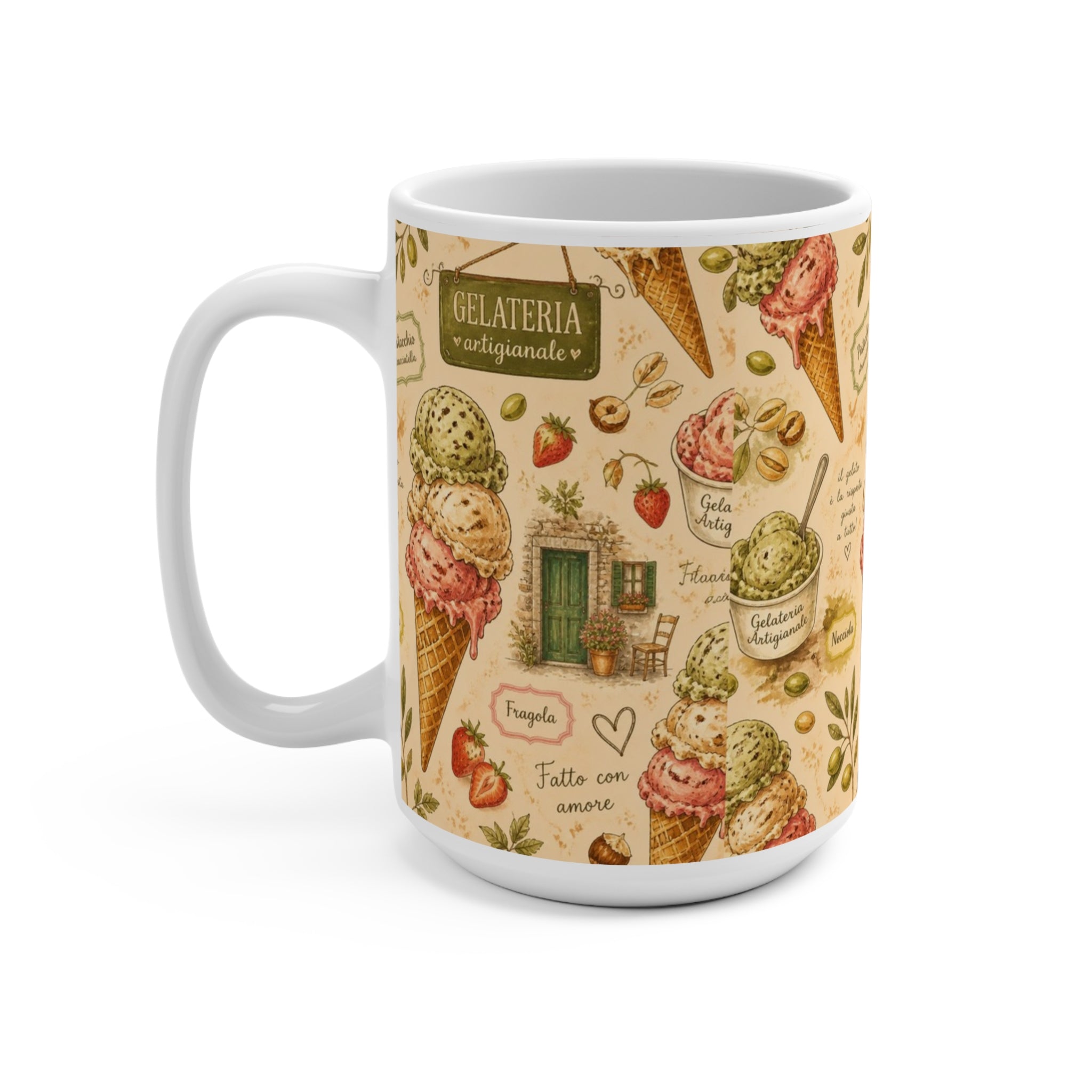 Gelato Scoops 15oz Ceramic Mug Mediterranean Kitchen Watercolor Design Italian Cottagecore Gift