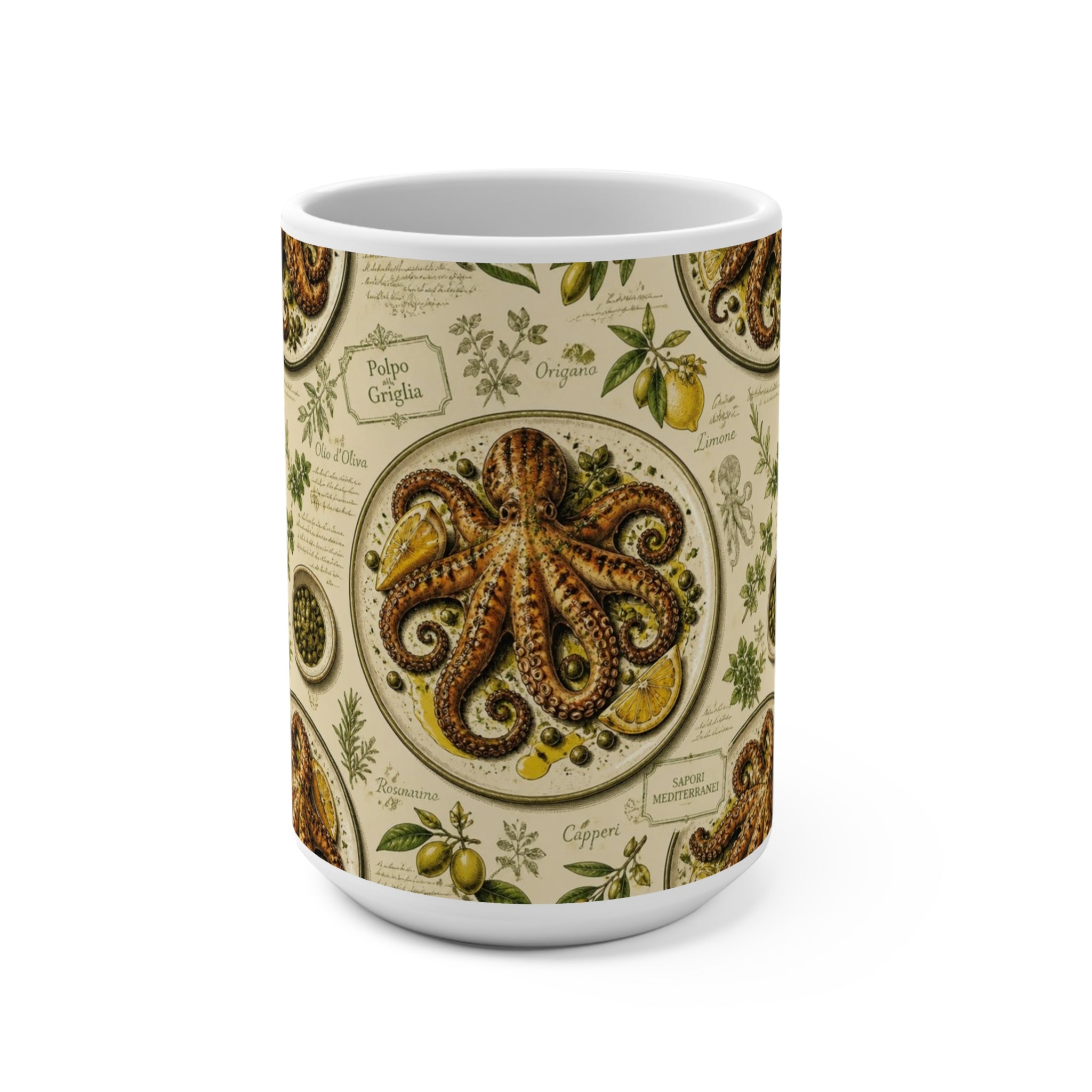 Grilled Octopus 15oz Ceramic Mug Mediterranean Kitchen Botanical Design Italian Cottagecore Gift