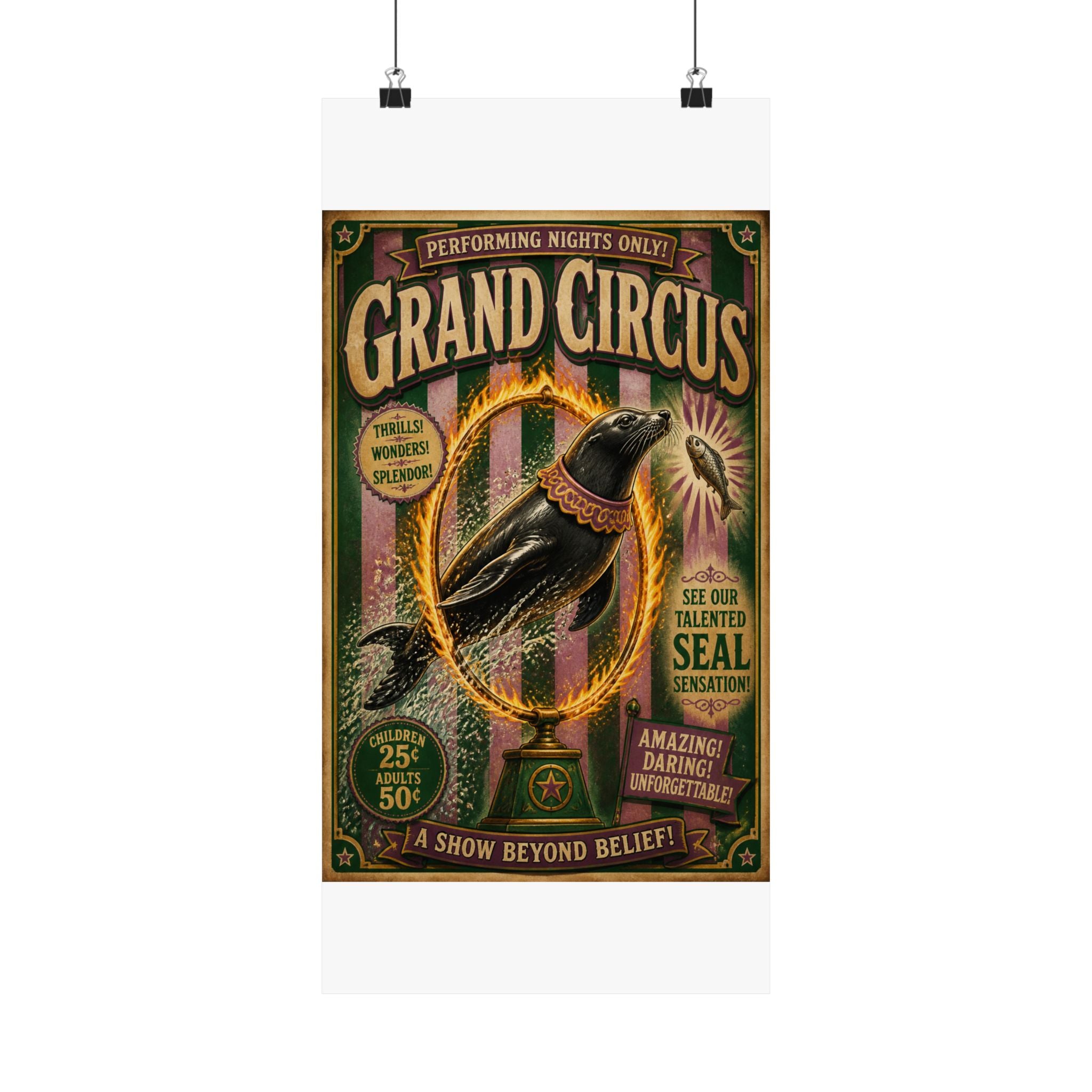 Seal Fire Hoop Wall Art Poster 24×36 Vintage Circus Bedroom Decor Maximalist Print