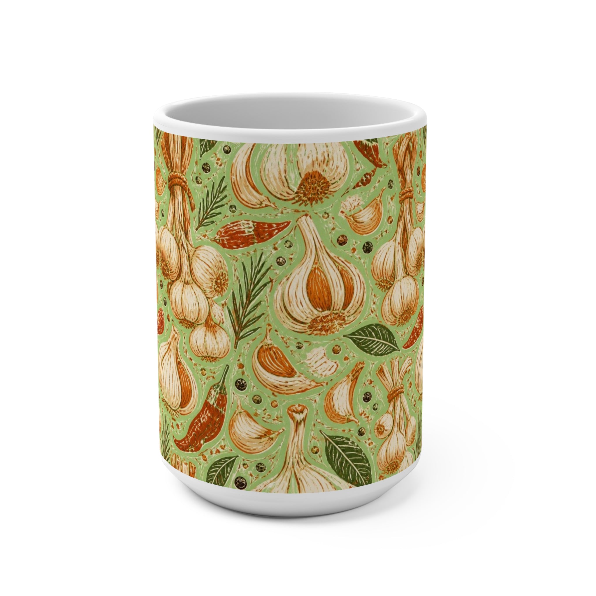 Garlic Bulbs & Cloves 15oz Ceramic Mug Mediterranean Kitchen Linocut Design Italian Cottagecore Gift