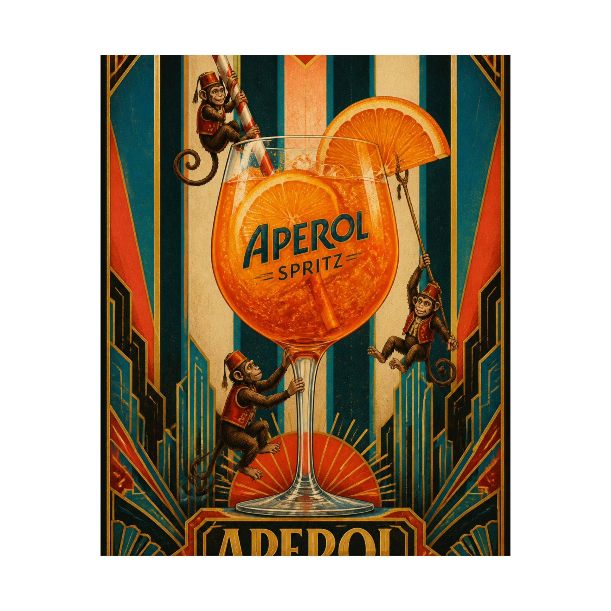 Aperol Spritz Monkeys Wall Art Poster 24×36 Art Deco Bar Area Decor Maximalist Print